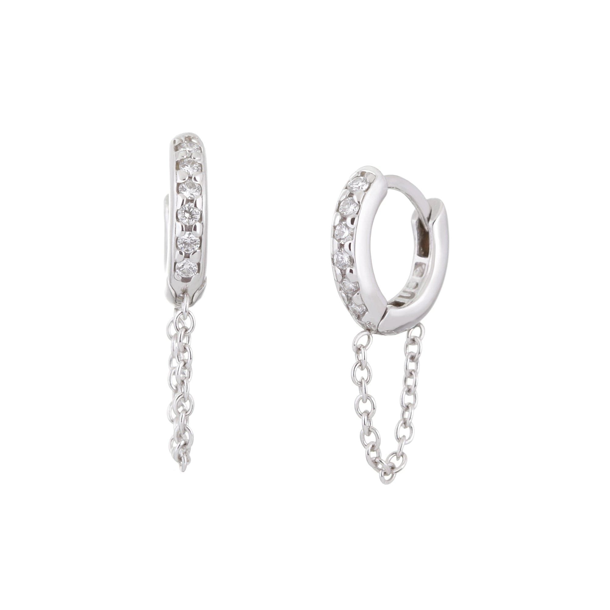 Shiny silver hoop earrings with chain drops from 10mm Diamond And 14K White Gold Huggie Hoops With Chain