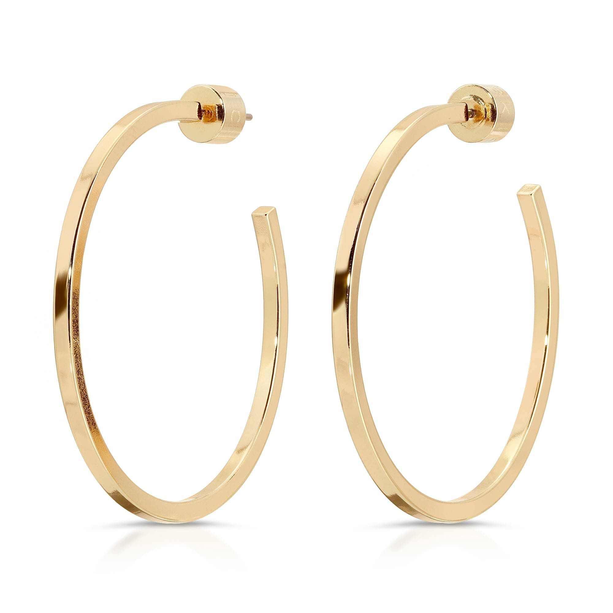 Shiny gold hoop earrings shown in the 1.5 inch Ava Hoops product image
