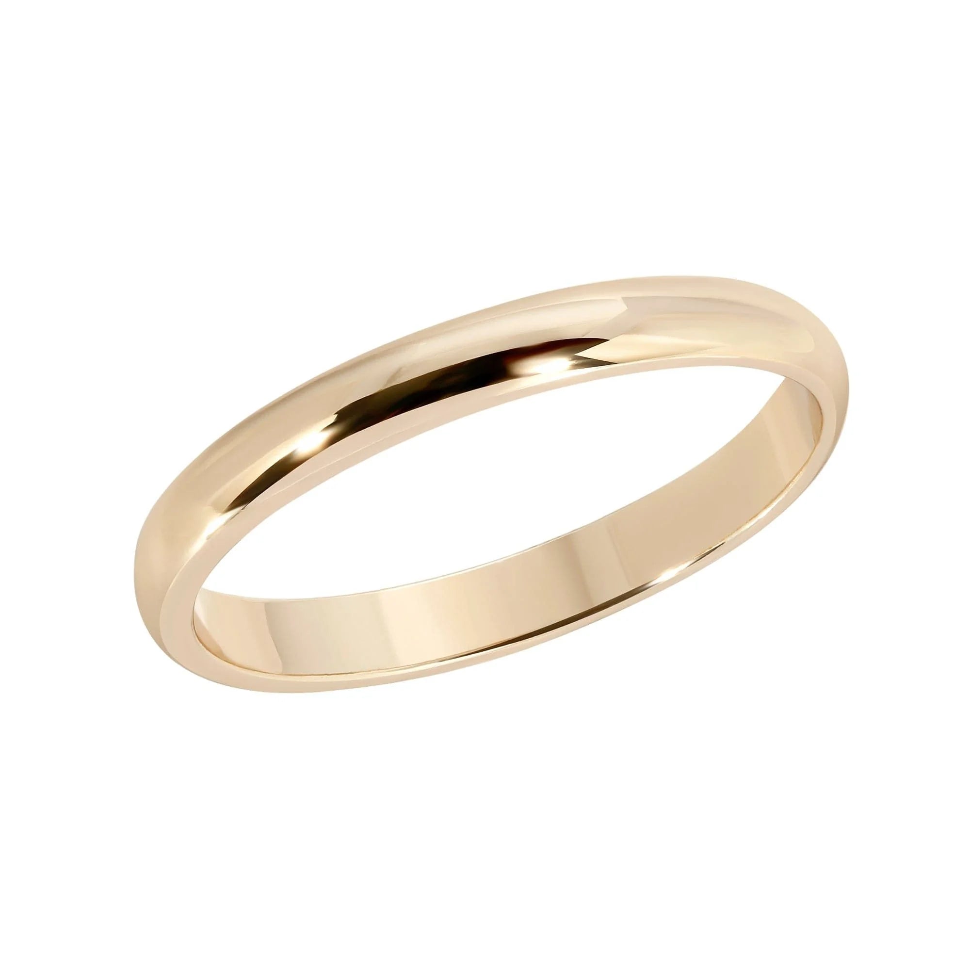 Polished gold wedding band with recycled brass plating and clear protective coating in a domed ring style