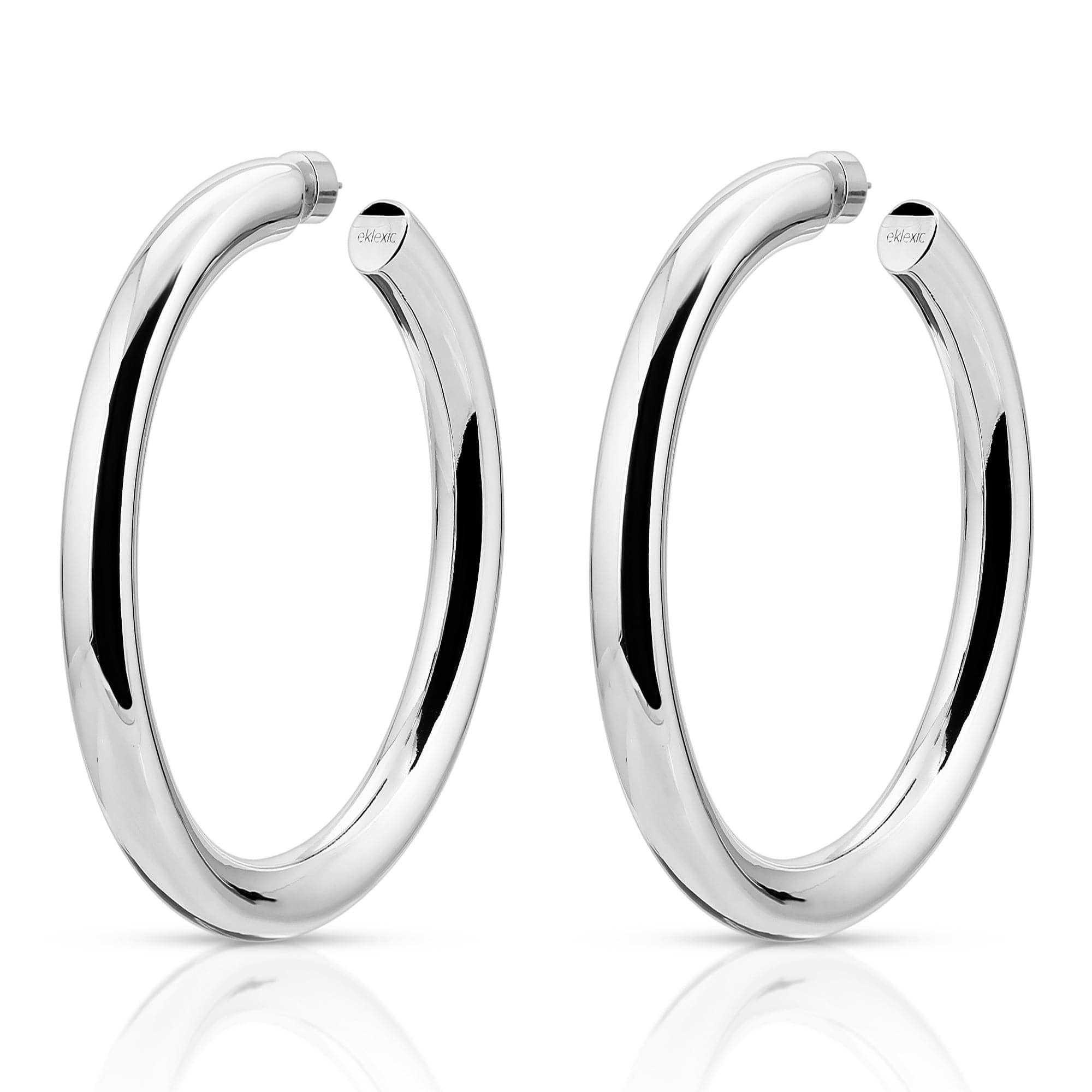 A pair of 2.5-inch silver hoop earrings called Ryan Hoops on display