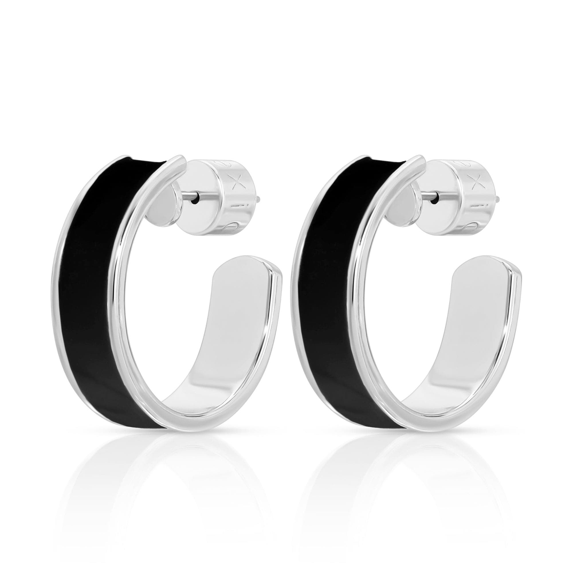 Silver and black hoop earrings in 3/4 inch Enamel Hoops style perfect for daily wear