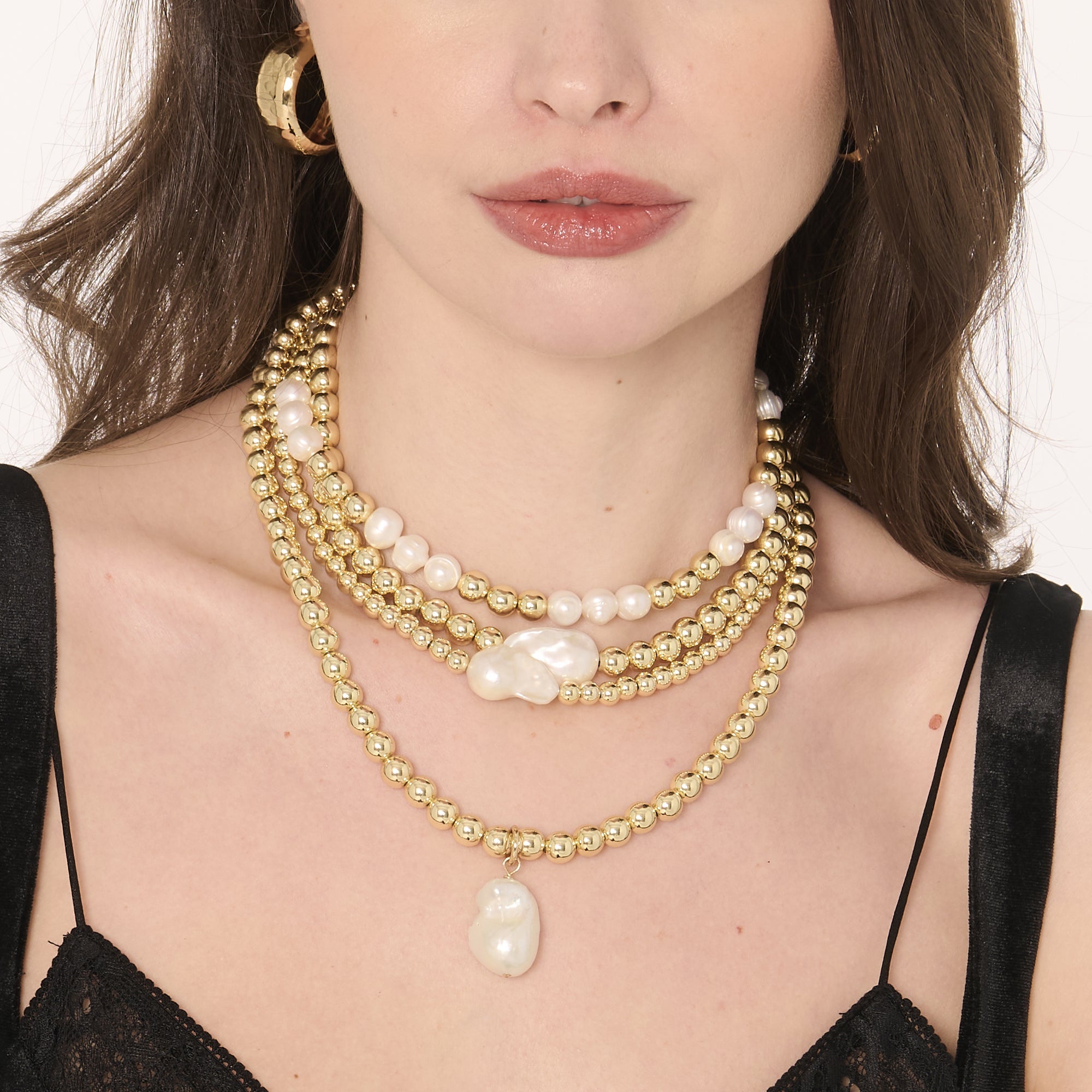 Layered gold bead and pearl necklace from Poppy Horizontal Pearl Bead Necklace series