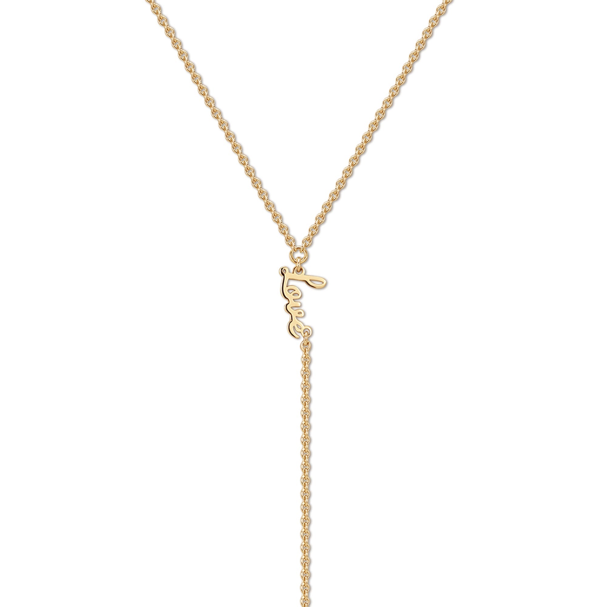 Gold love pendant necklace from the Dainty Script Love Lariat Necklace collection