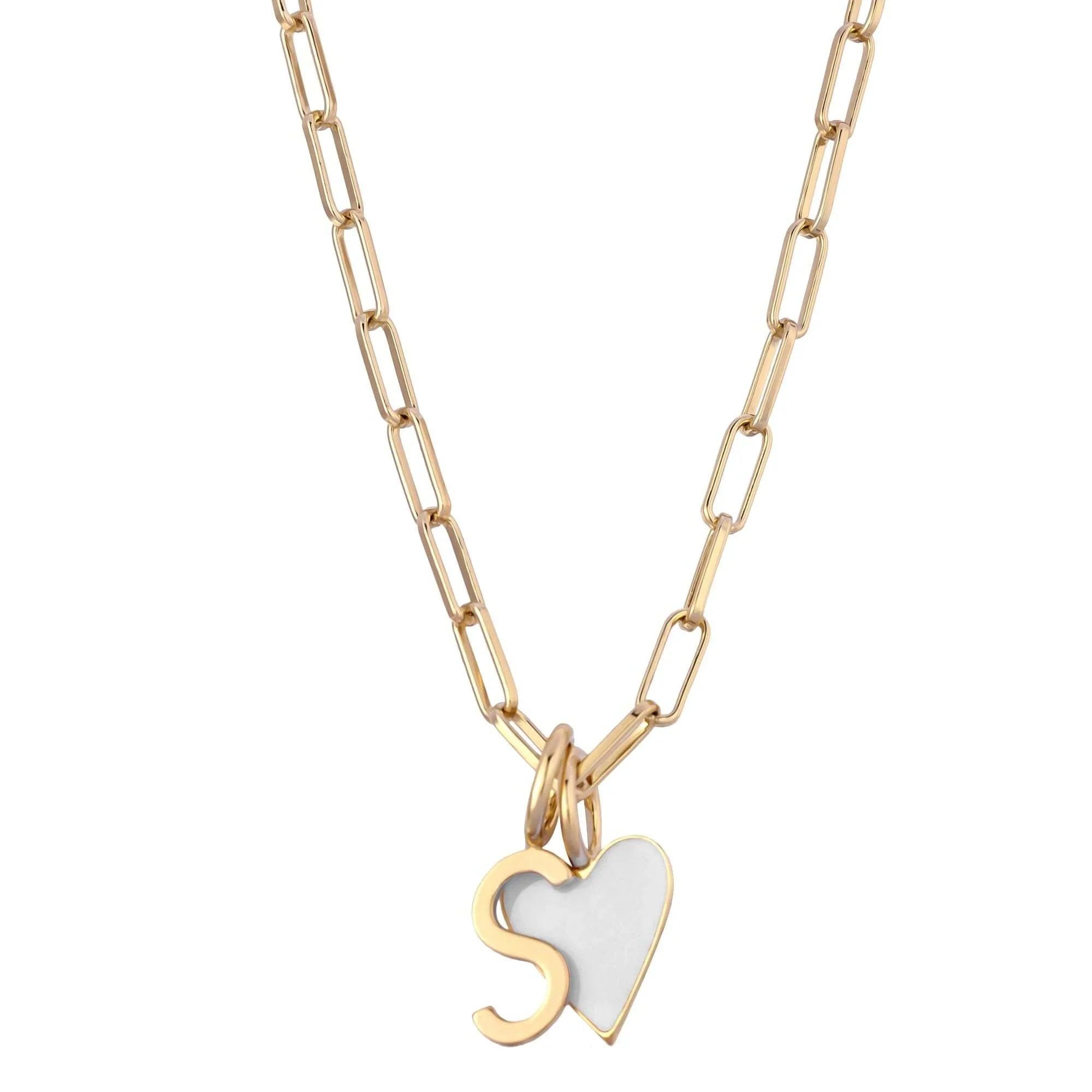Gold chain necklace with S letter and heart pendant from Cara White Enamel Charm Necklace