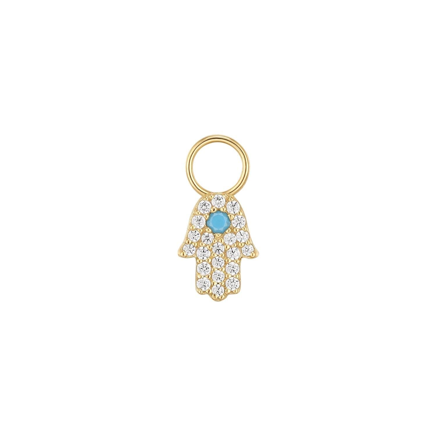Gold Hamsa charm with turquoise center on CZ & Turquoise Hamsa Hoop Charm product