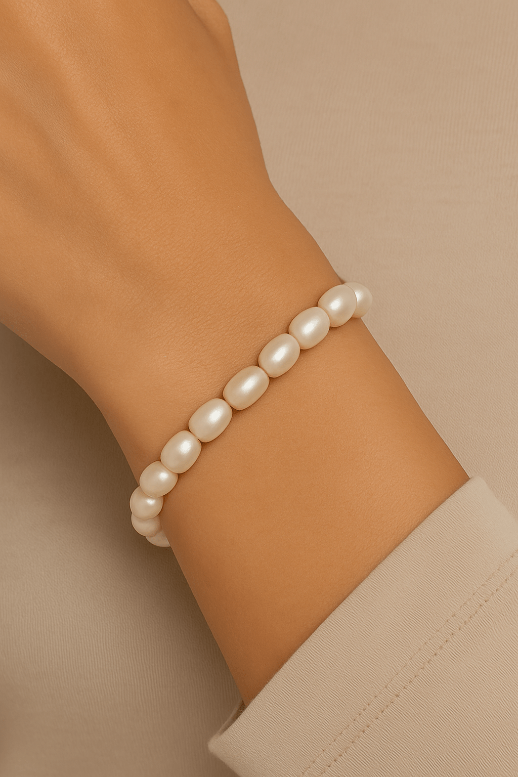 Woman’s wrist wearing a beautiful Pearl Bead Bracelet with elegant pearls