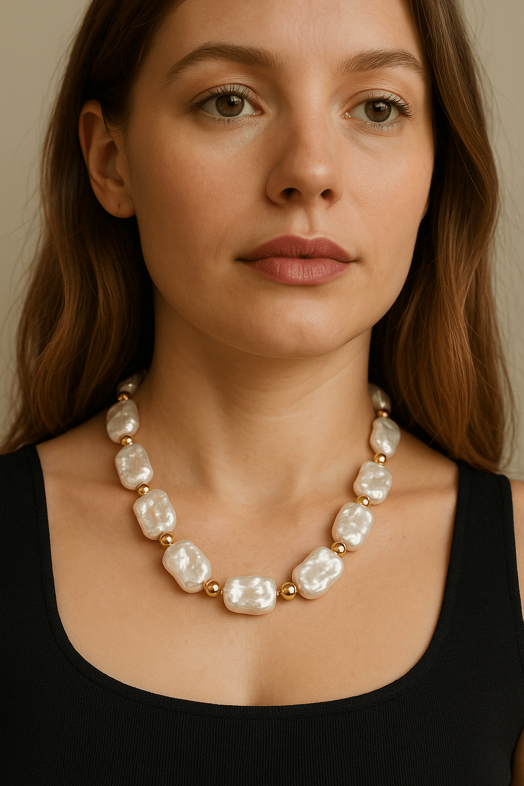 Woman wearing Penn Pearl and Gold Bead Choker Necklace featuring Baroque pearls