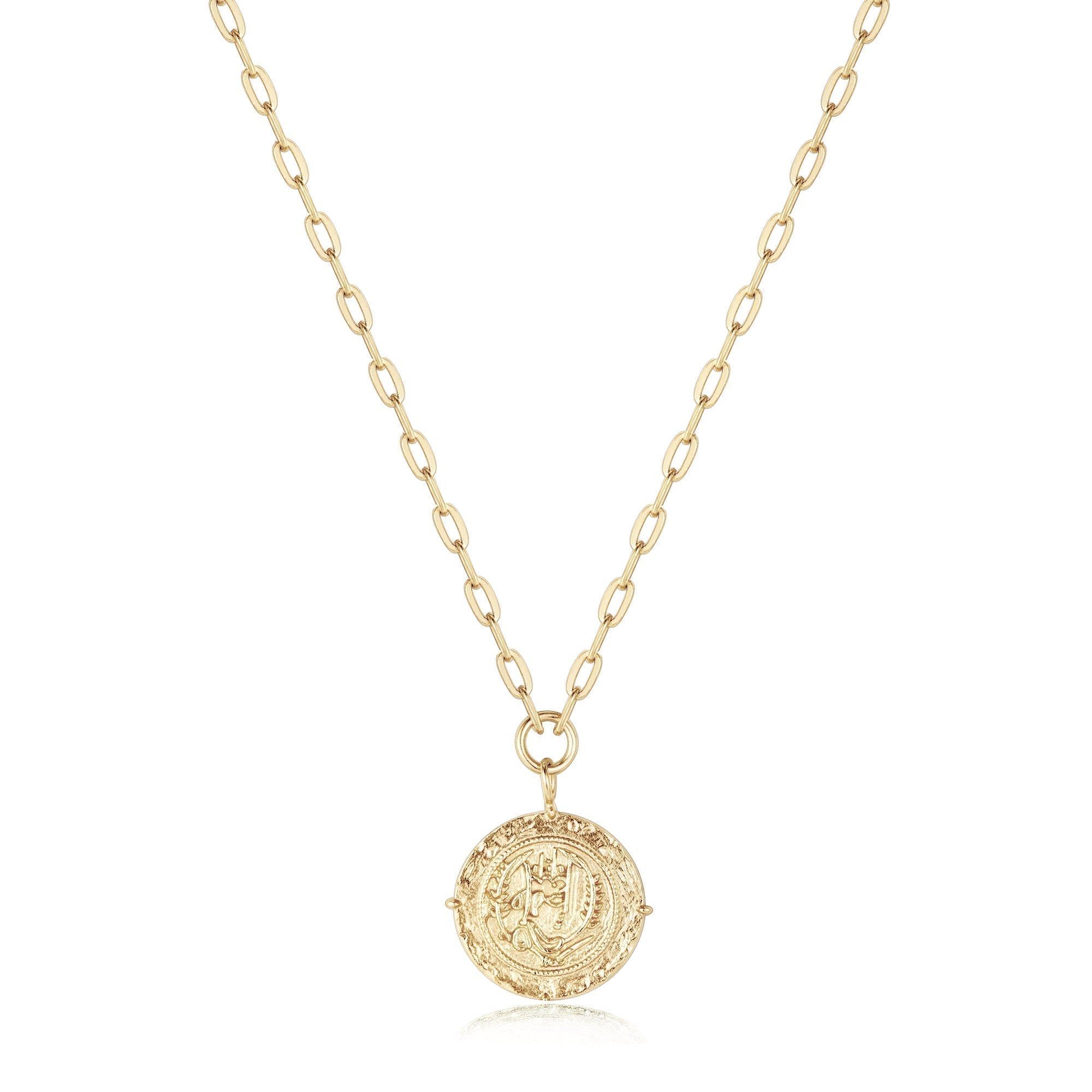 Gold chain necklace with a coin pendant, perfect for a stylish look