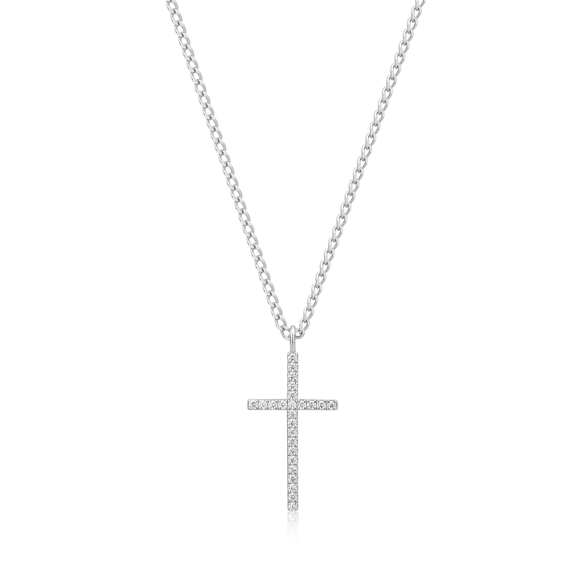 CZ Cross Pendant Necklace - Rhodium Plated Sterling Silver - Pendant Necklaces