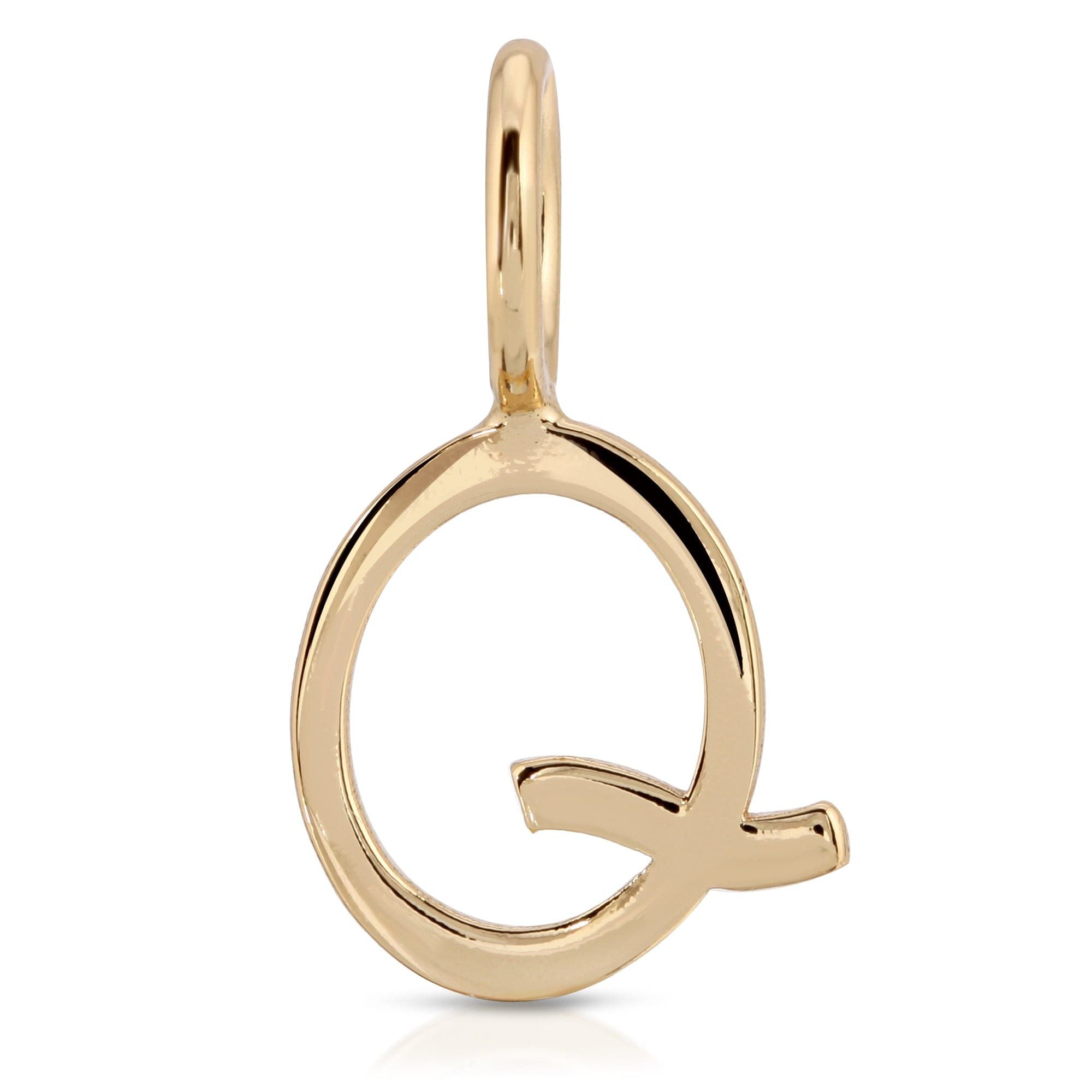 Gold letter Q pendant from Essential Letters collection hanging on a chain