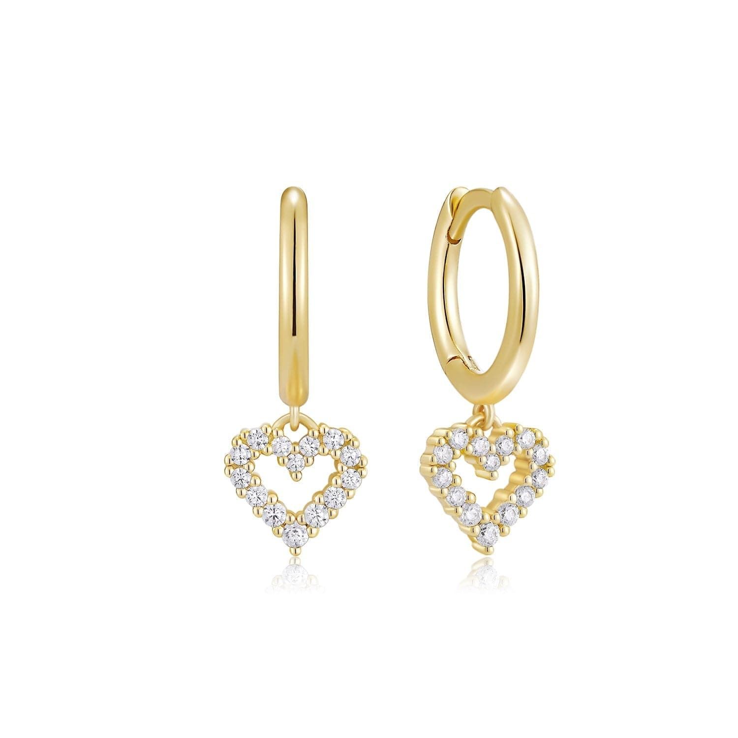 Gold huggie hoops with heart-shaped diamond pendants for a cute sparkle look