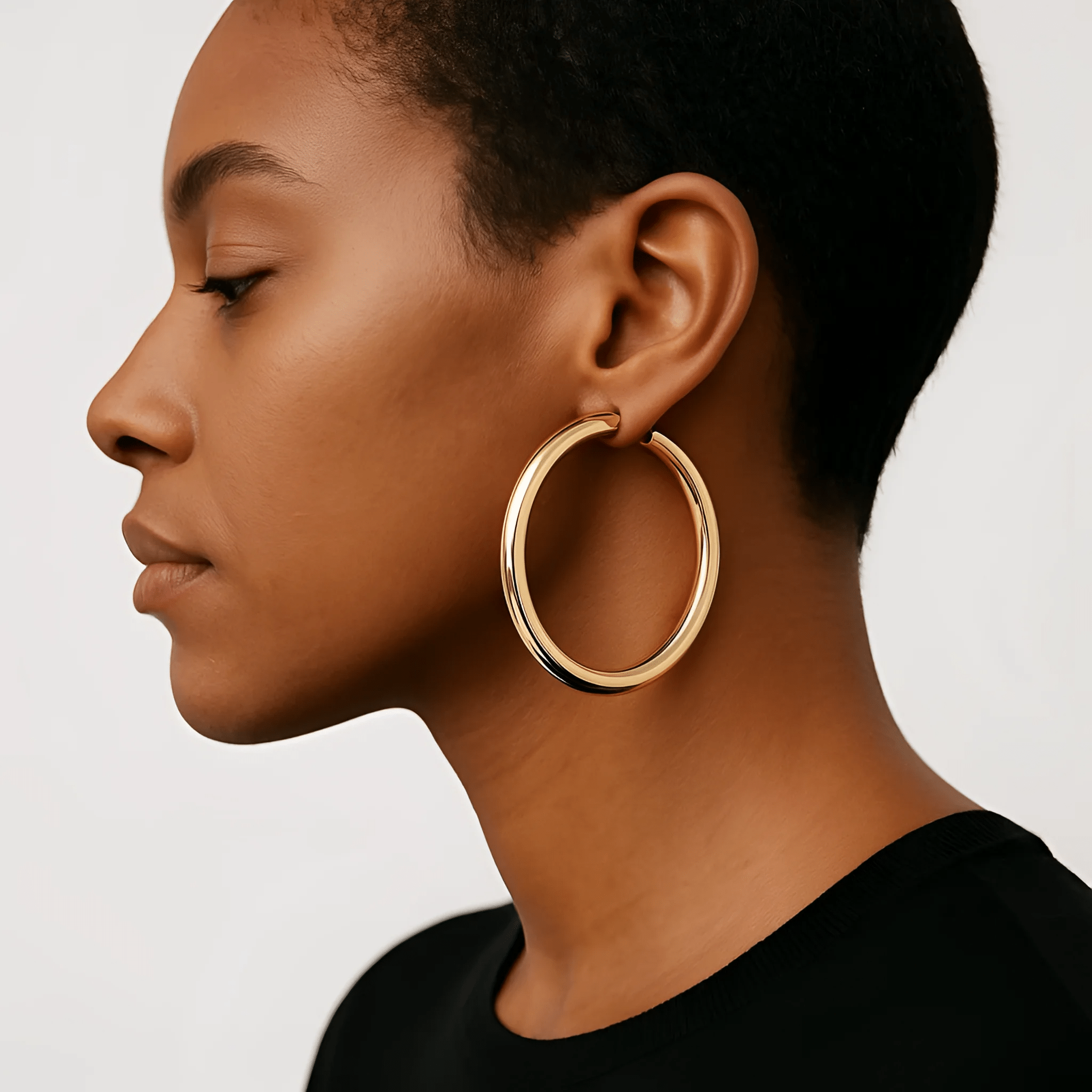 Woman wearing large polished gold Kelly Hoops earring showcasing stylish jewelry