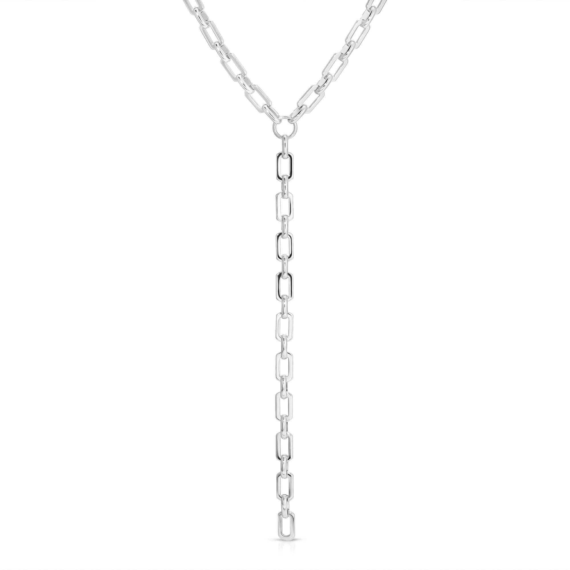 Silver chain Y-necklace from Liv Lariat product line, stylish and trendy jewelry piece