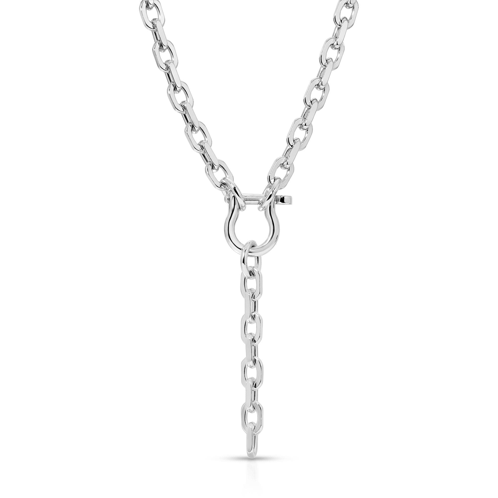 Livia Lariat Necklace featuring a silver chain with a horseshoe clasp for a stylish look
