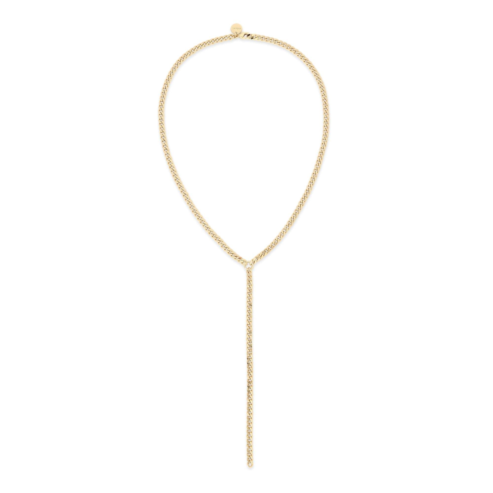 Gold-toned Y-shaped Chain Necklace displayed on Micro Link Curb Chain Lariat