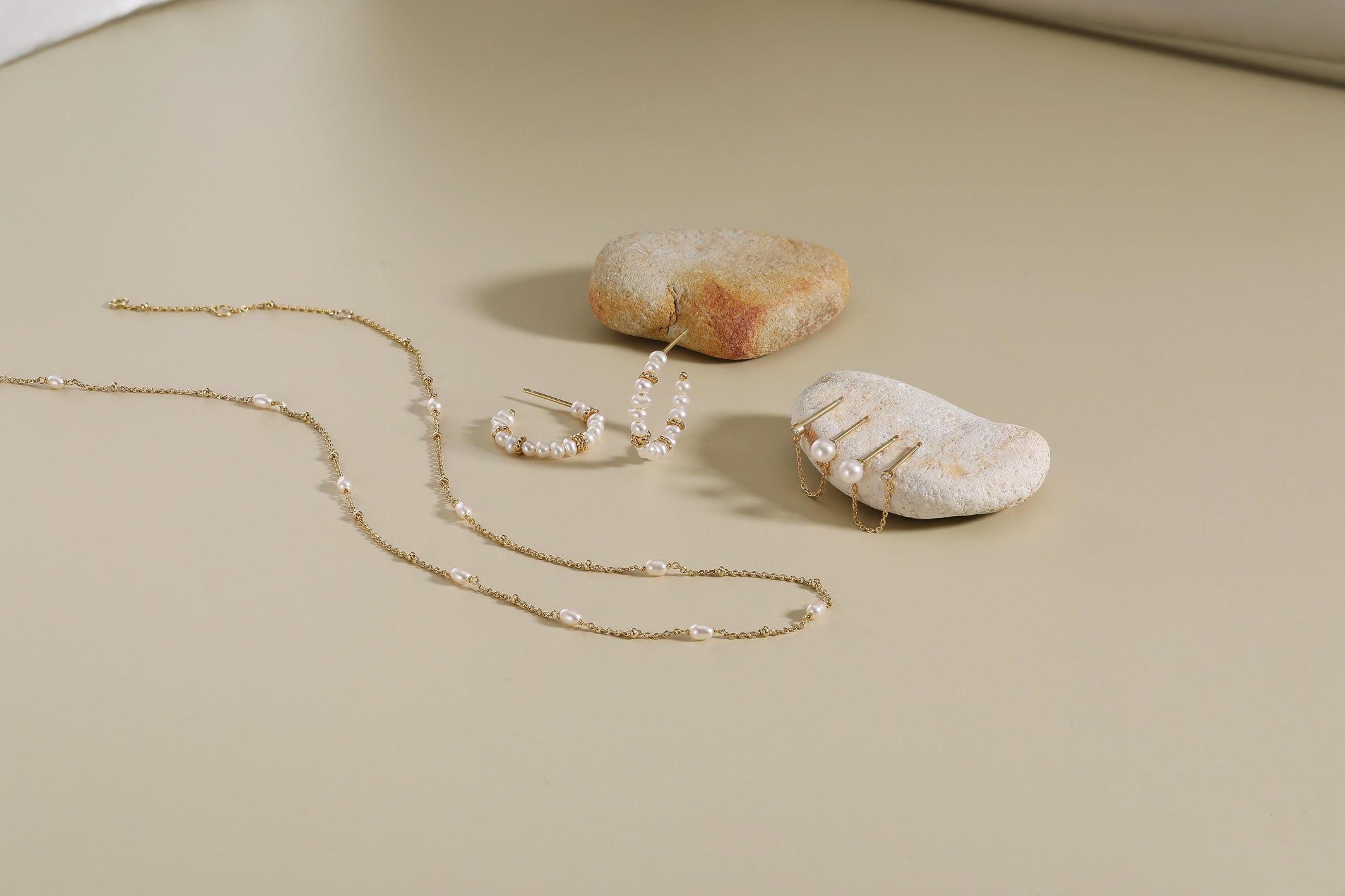 Gold chain necklace and pearl earrings from Micro Pearl & Bead Necklace collection