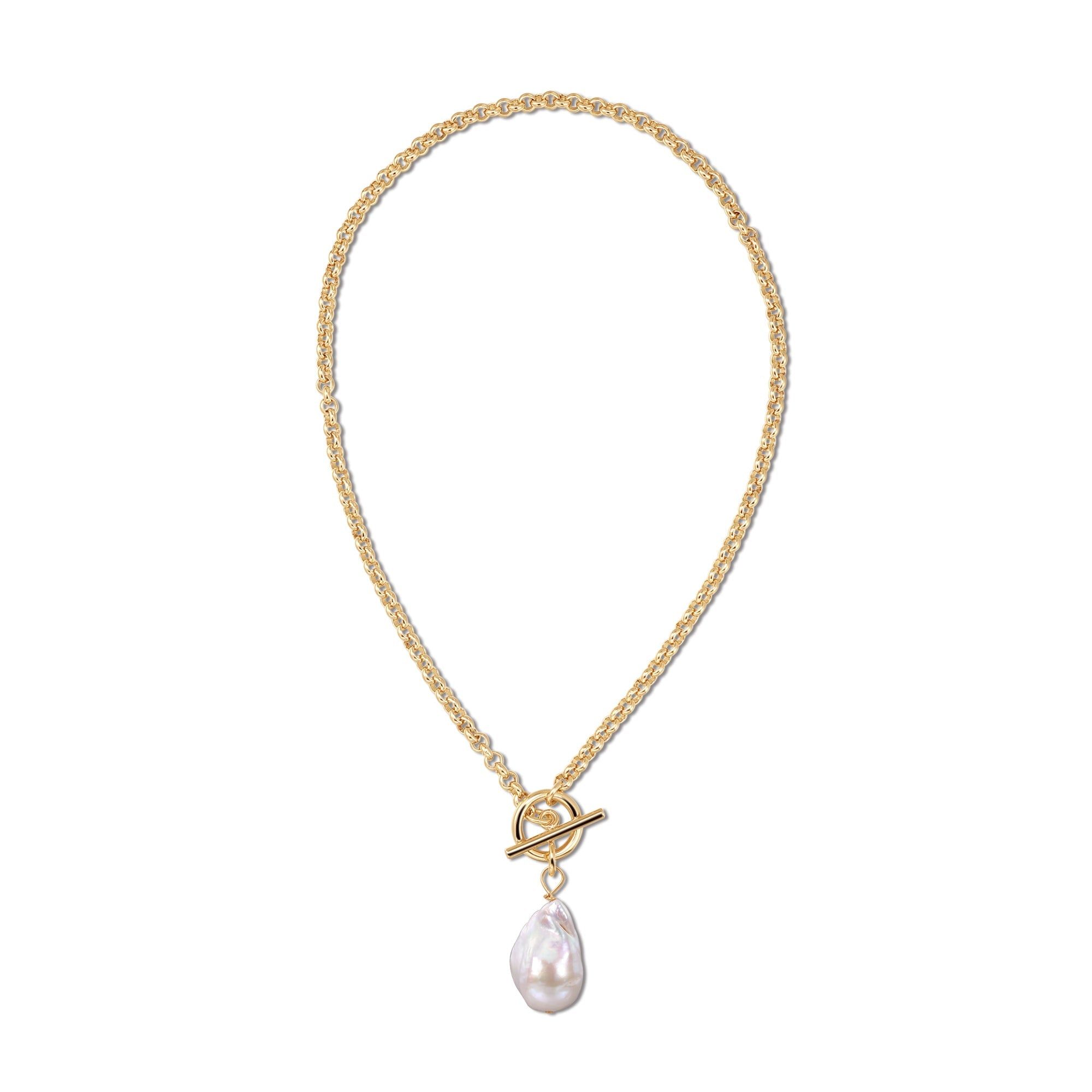 Gold chain necklace with baroque pearl pendant from Micro Royal Toggle & XL Baroque Pearl Necklace