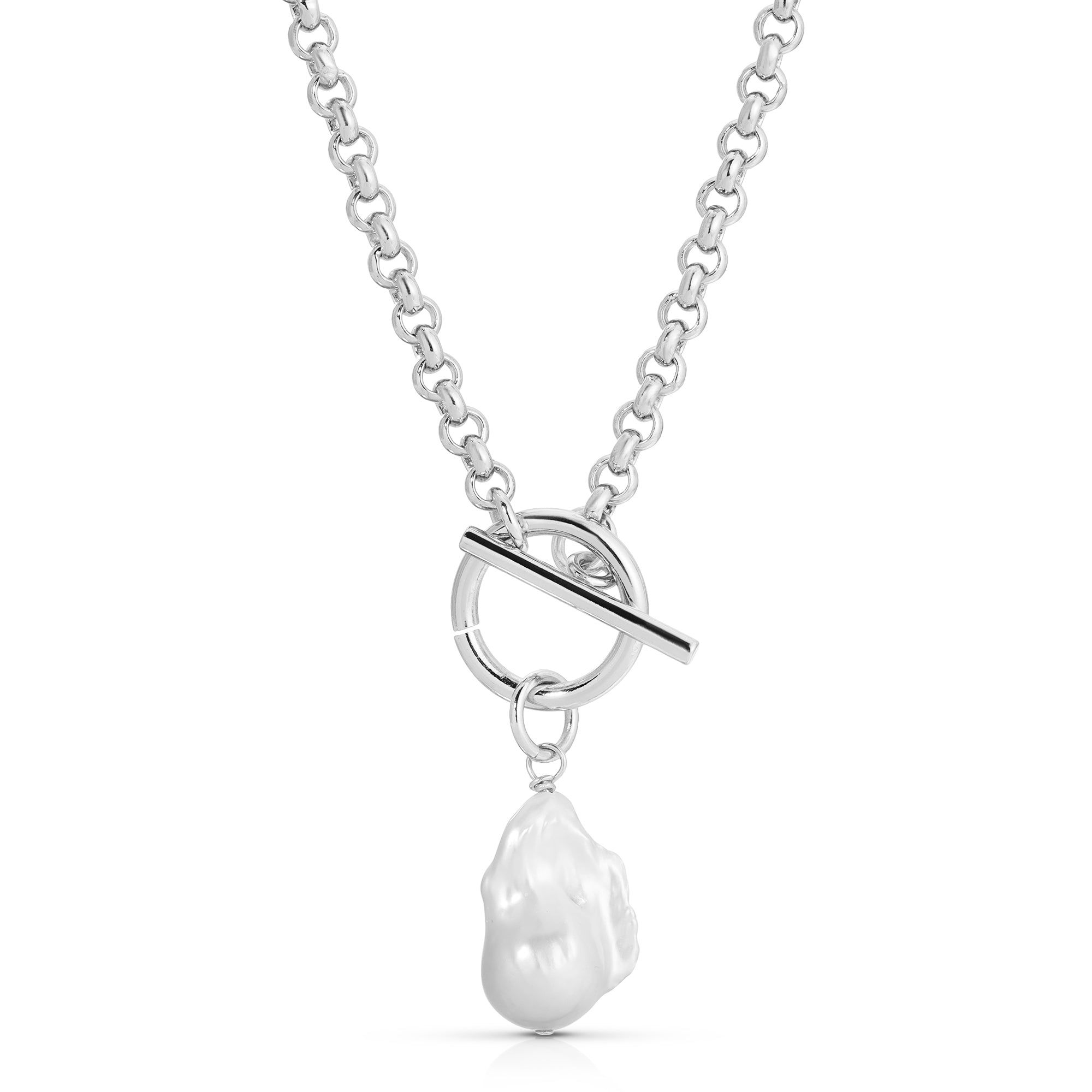 Silver chain necklace with a baroque pearl pendant from the Micro Royal Toggle & XL Baroque Pearl Pendant Necklace collection