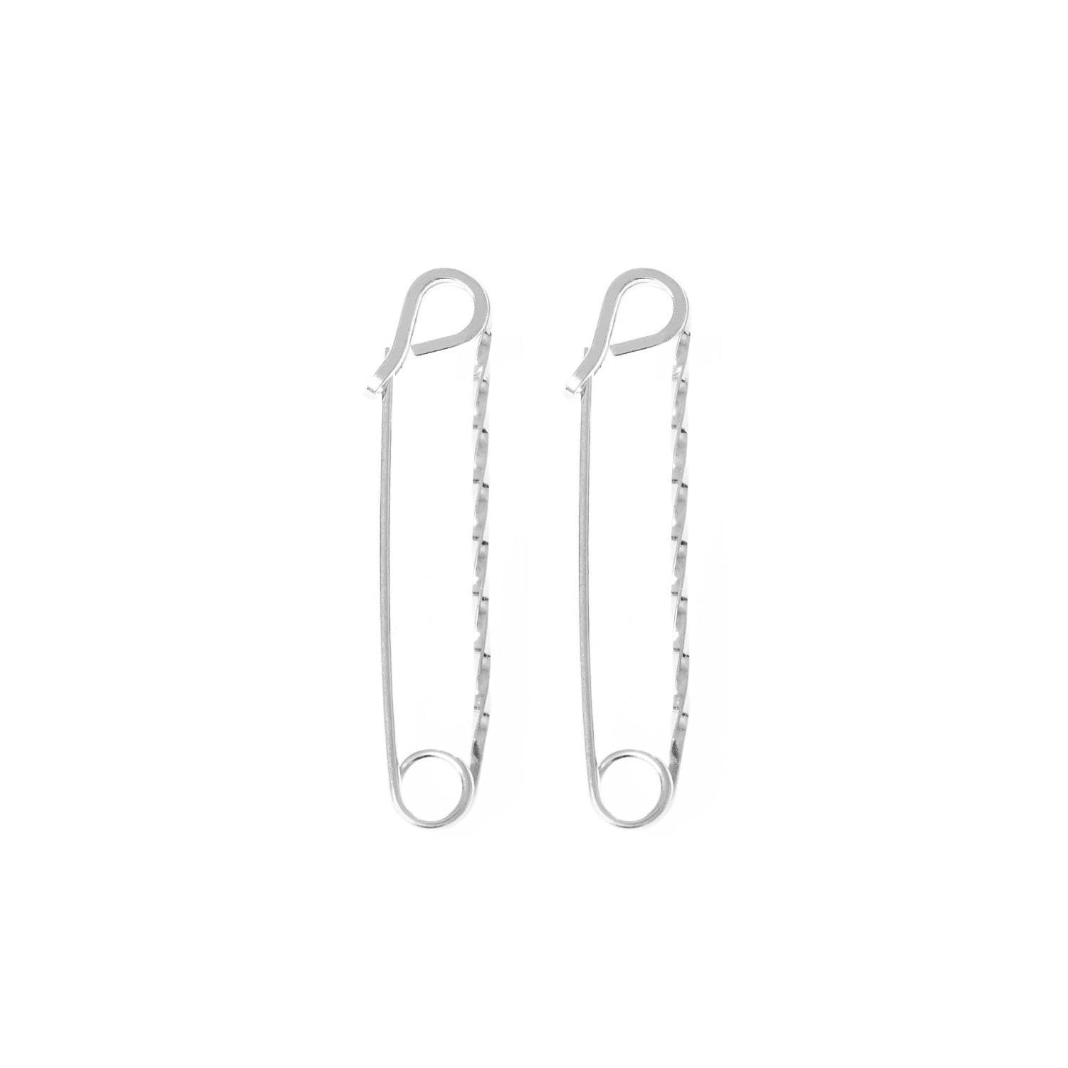 Silver Twisted Safety Pin Earrings on display, stylish and edgy accessory for any look