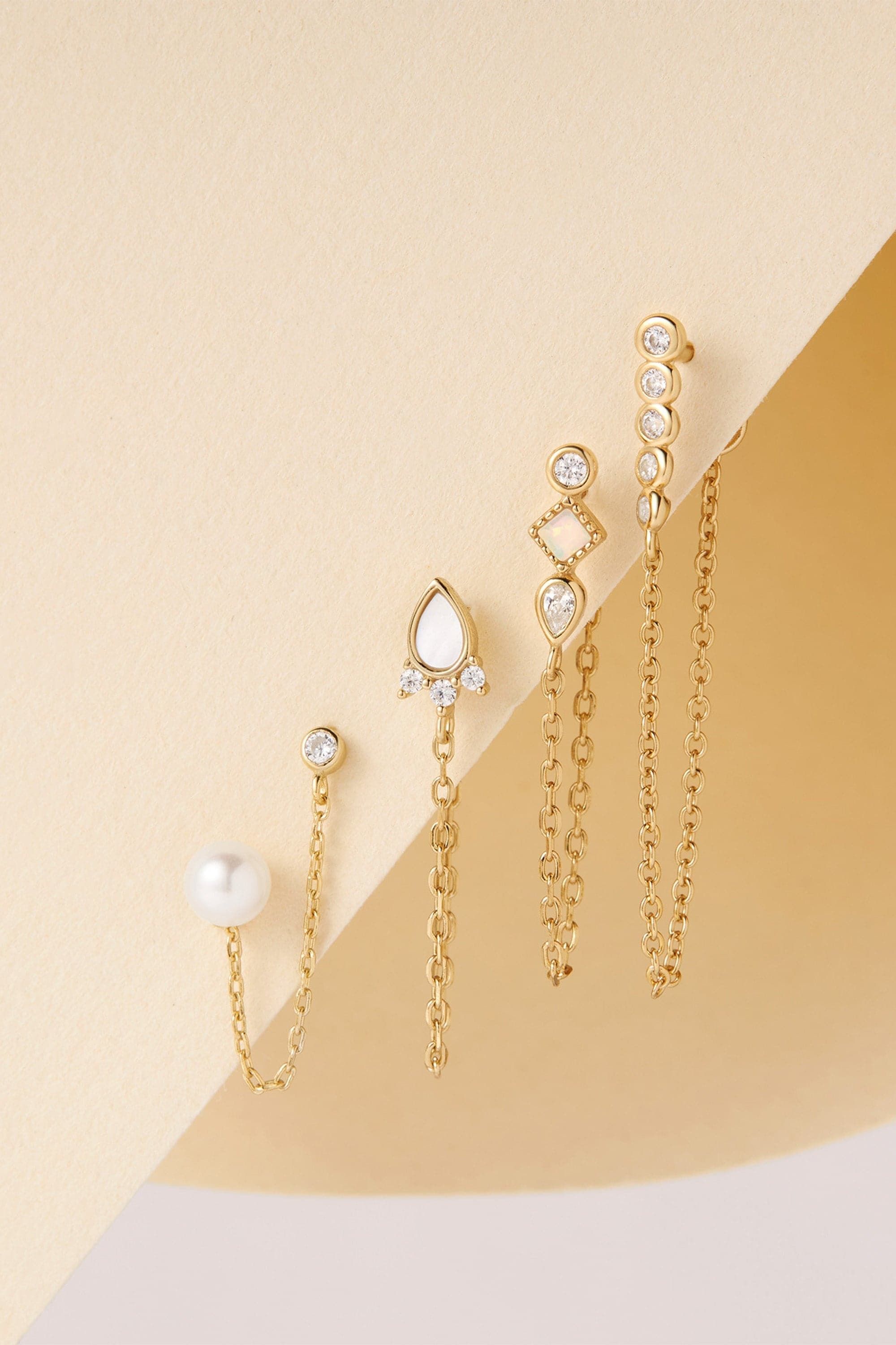 Gold-toned Multi CZ Chain Link Drop Earrings with Pearls Mother-of-Pearl and Gemstones
