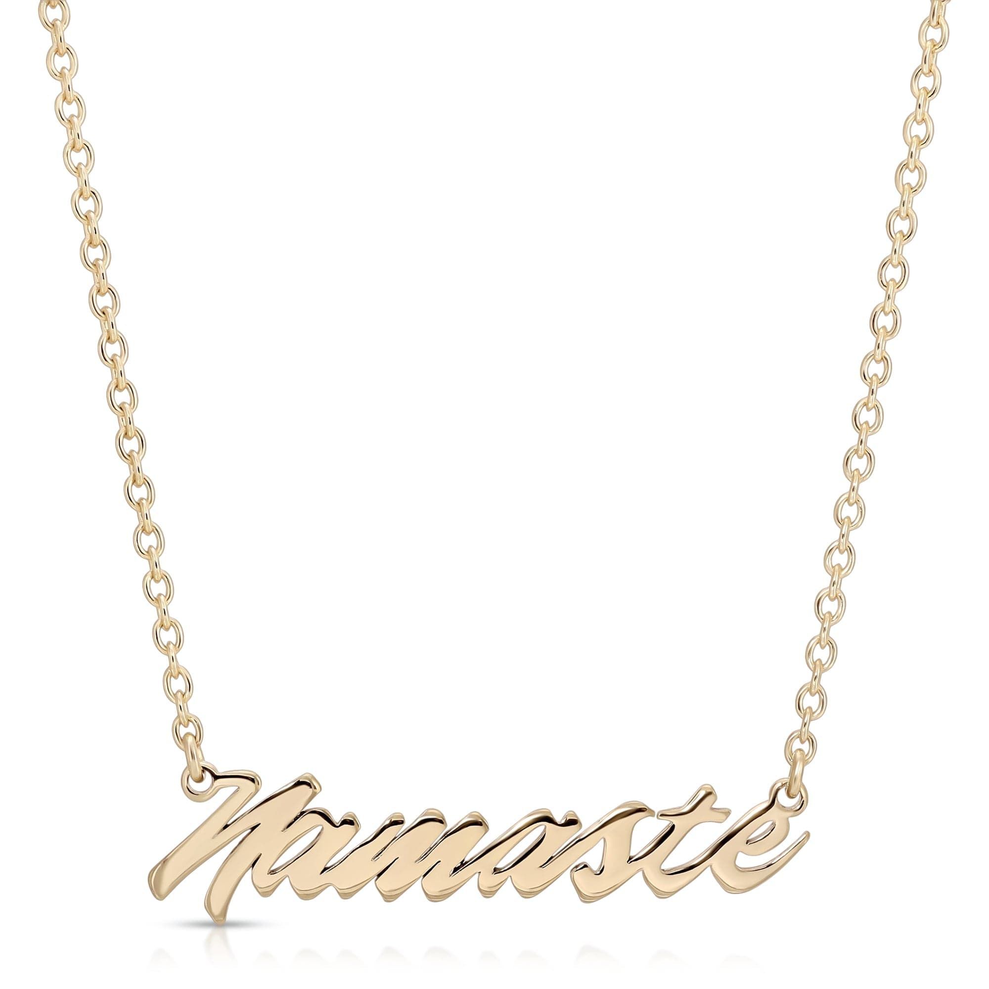 Gold Namaste Script Necklace displayed on a chain showing elegant jewelry style