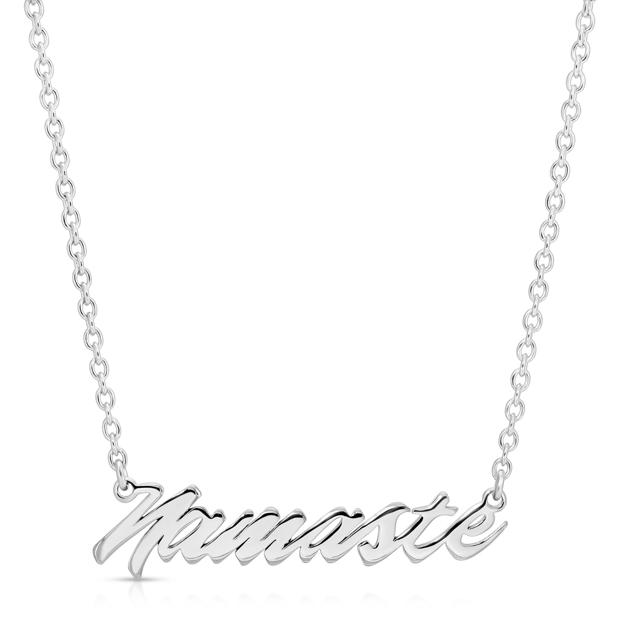Silver Namaste Script Necklace showing a stylish and meaningful jewelry piece