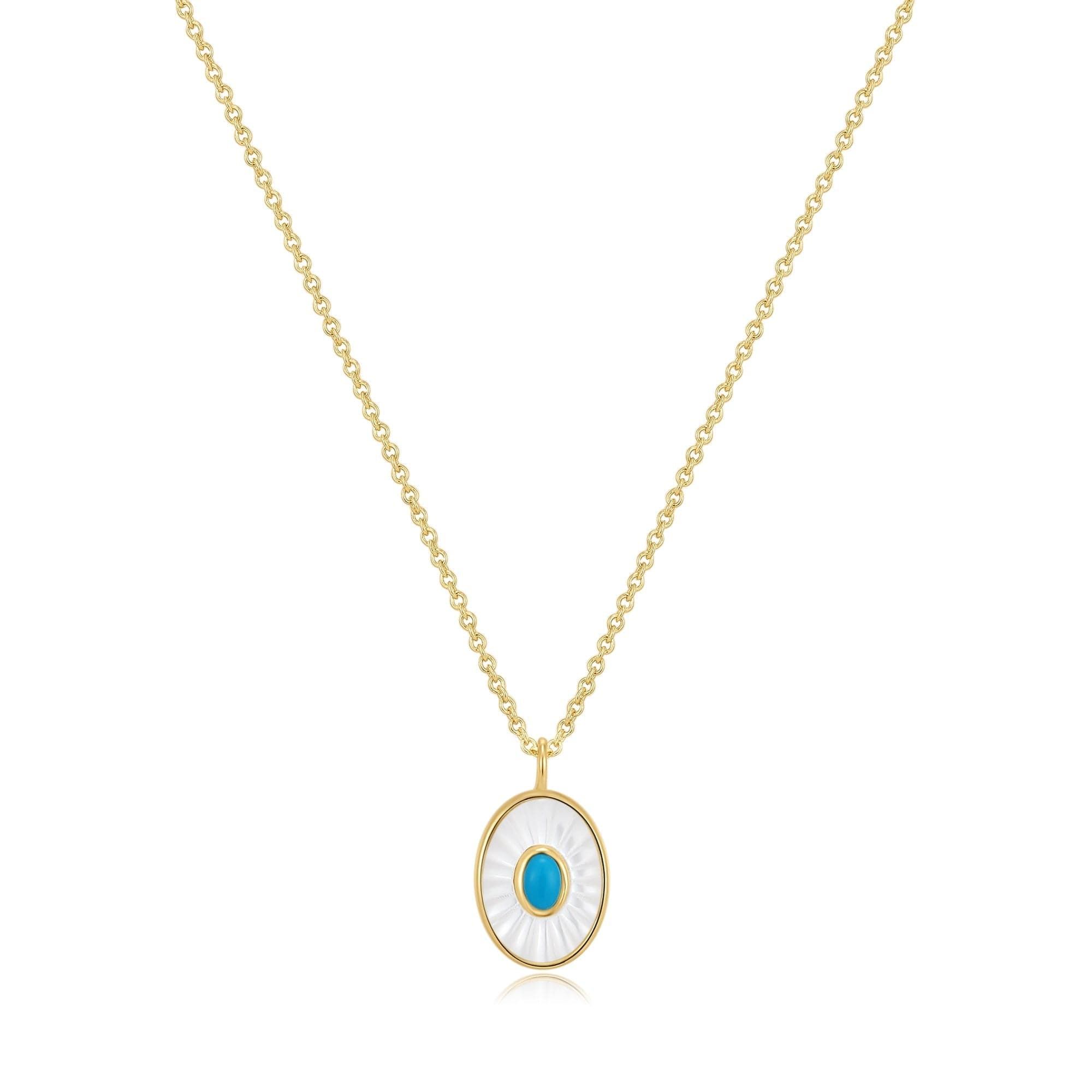 Gold chain necklace with oval pendant featuring Turquoise Stone from Oval Shaped Mop Pendant collection