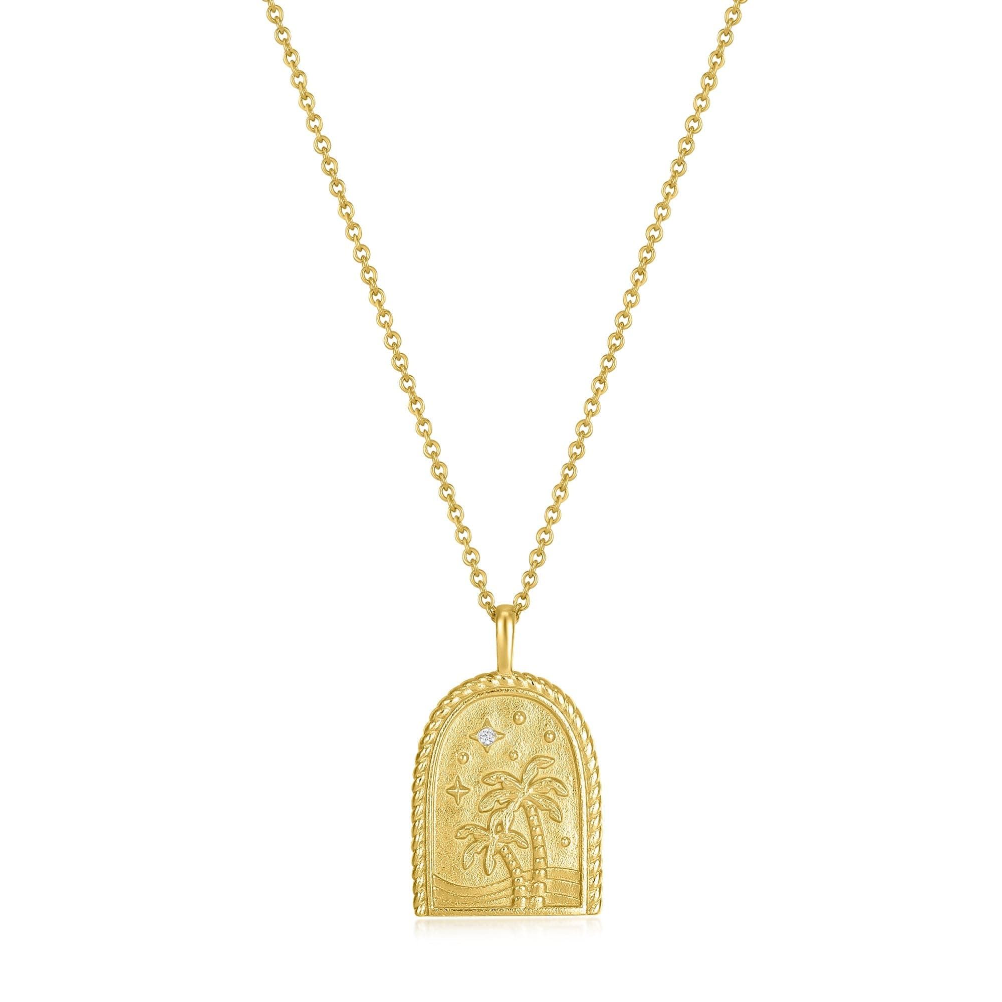 Gold Palm Tree Pendant Necklace with arched pendant featuring stars and palm trees