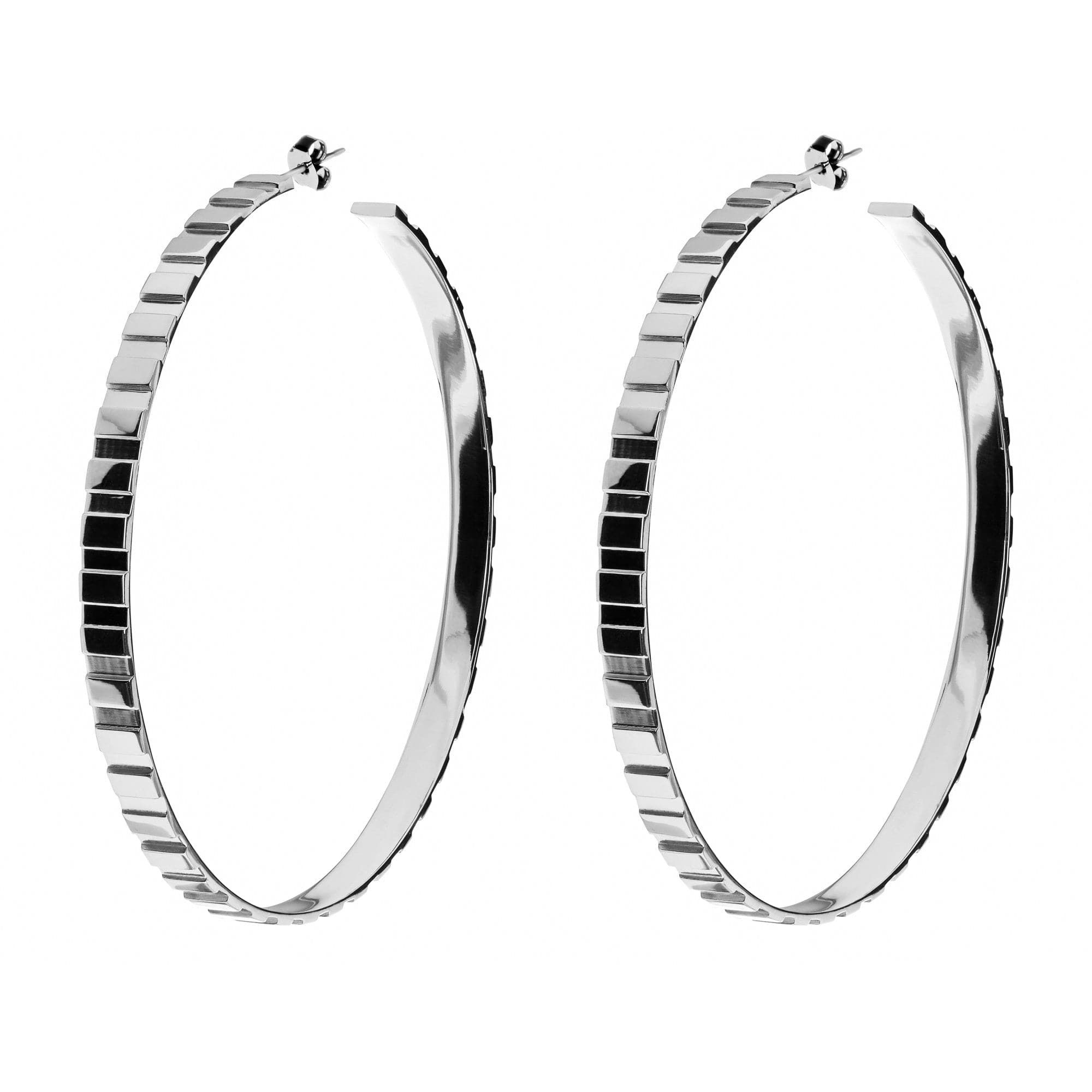 Silver hoop earrings with rectangle step pattern design from Rectangle Step Pattern Hoops product