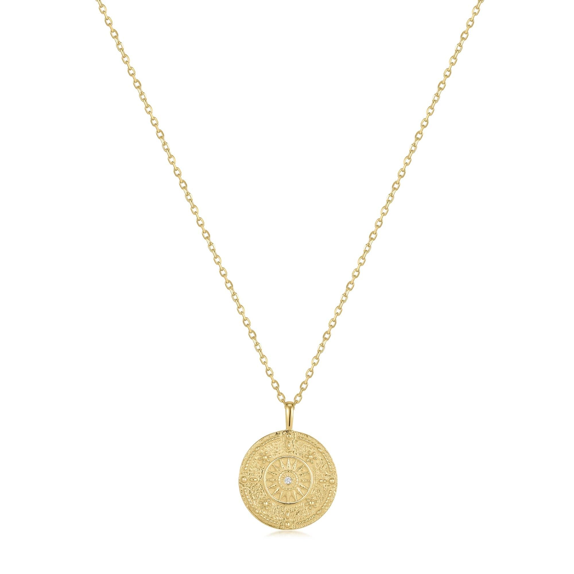 Round Sun Pendant With CZ Center Stone - 14k Gold Plated Sterling Silver - Pendant Necklaces