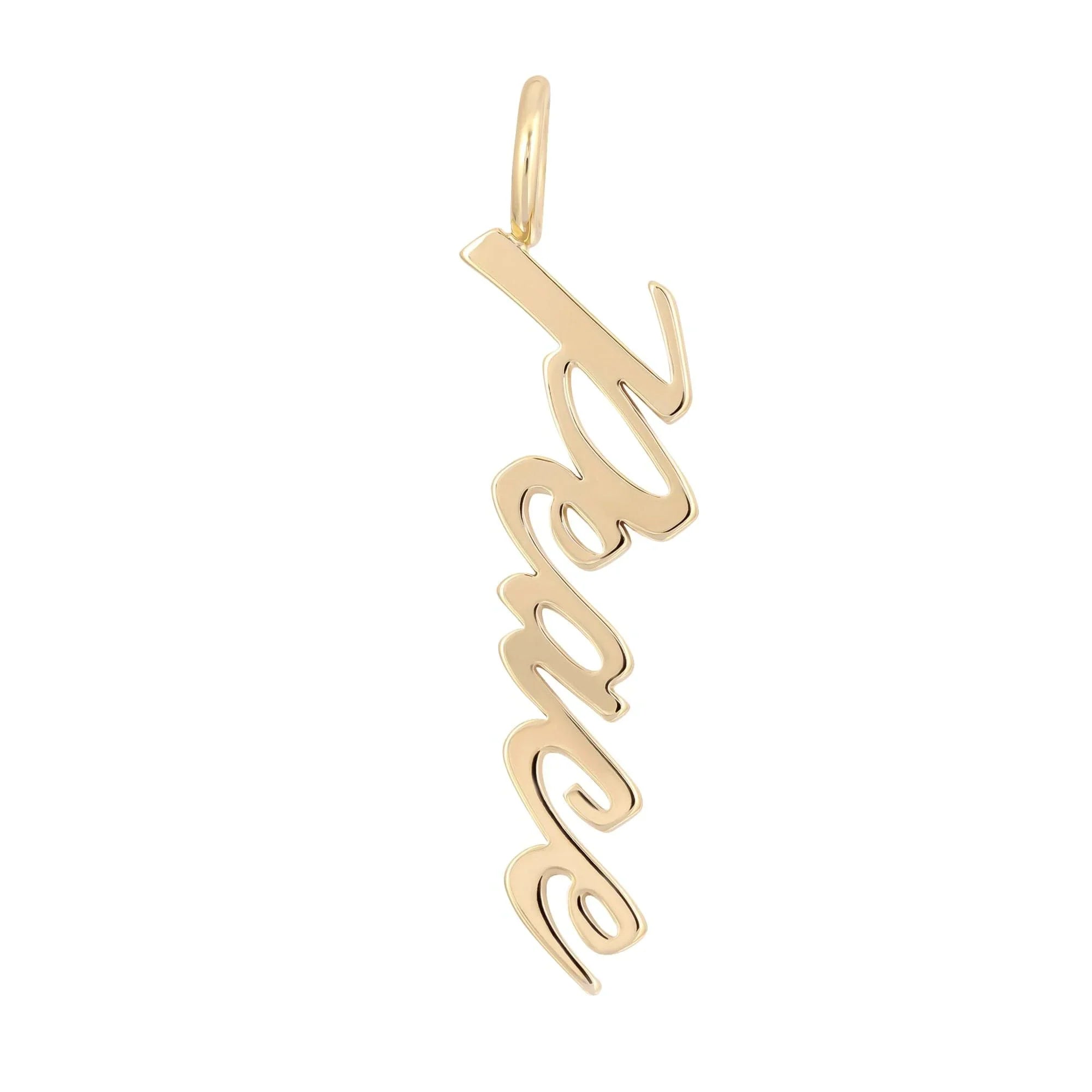 Gold name pendant from Script Pendant Peace hanging on a chain, stylish and shiny