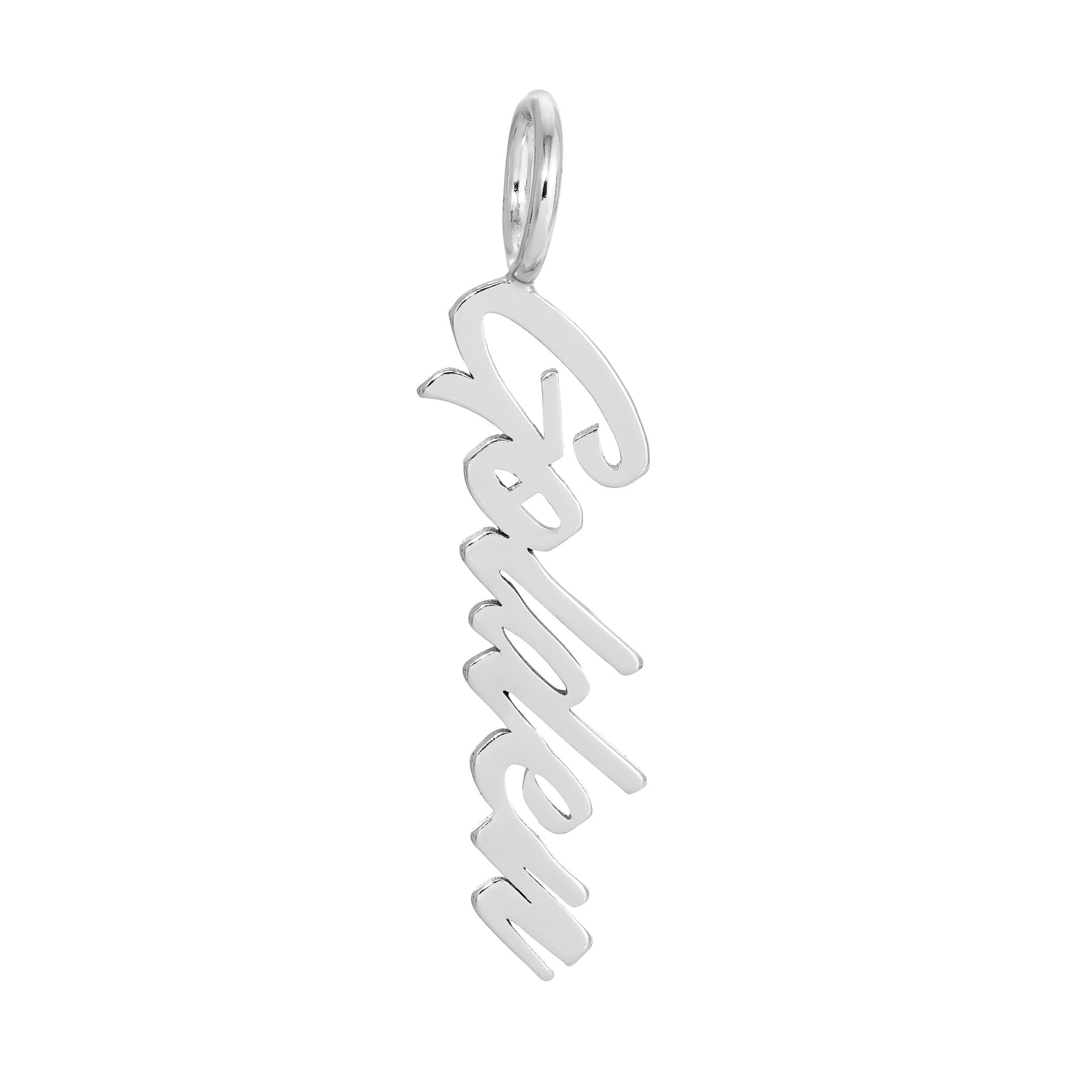 Silver name pendant from Script Pendant Golden product line on display