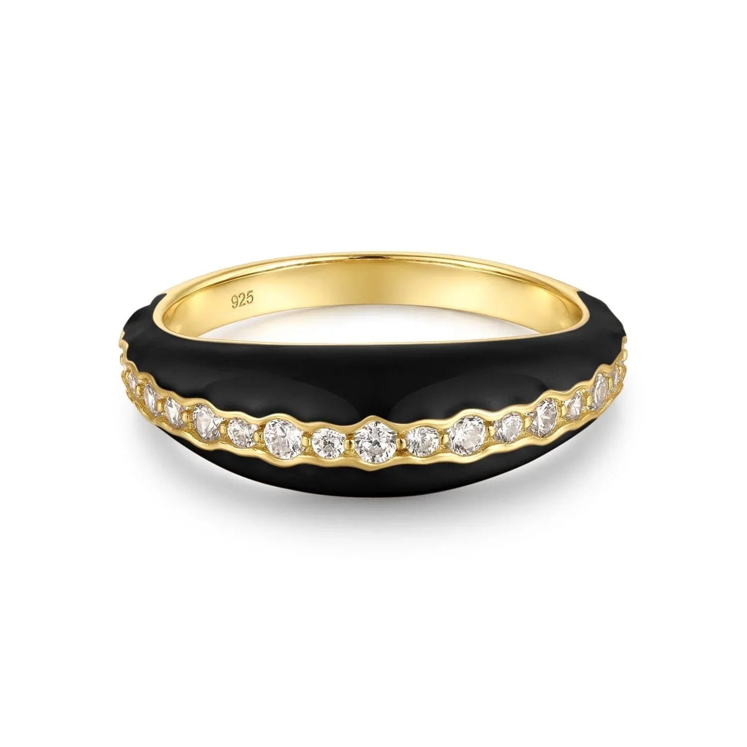 Gold and black ring with diamonds from Tapered Black Enamel & CZ Channel Ring collection