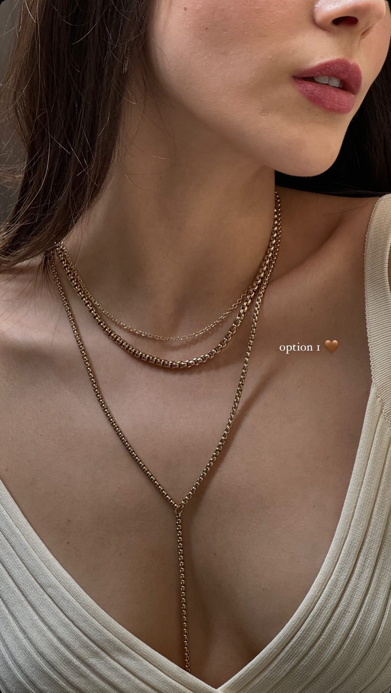 Layered gold-toned Necklace showcasing the Thin Luciana Box Chain Lariat style