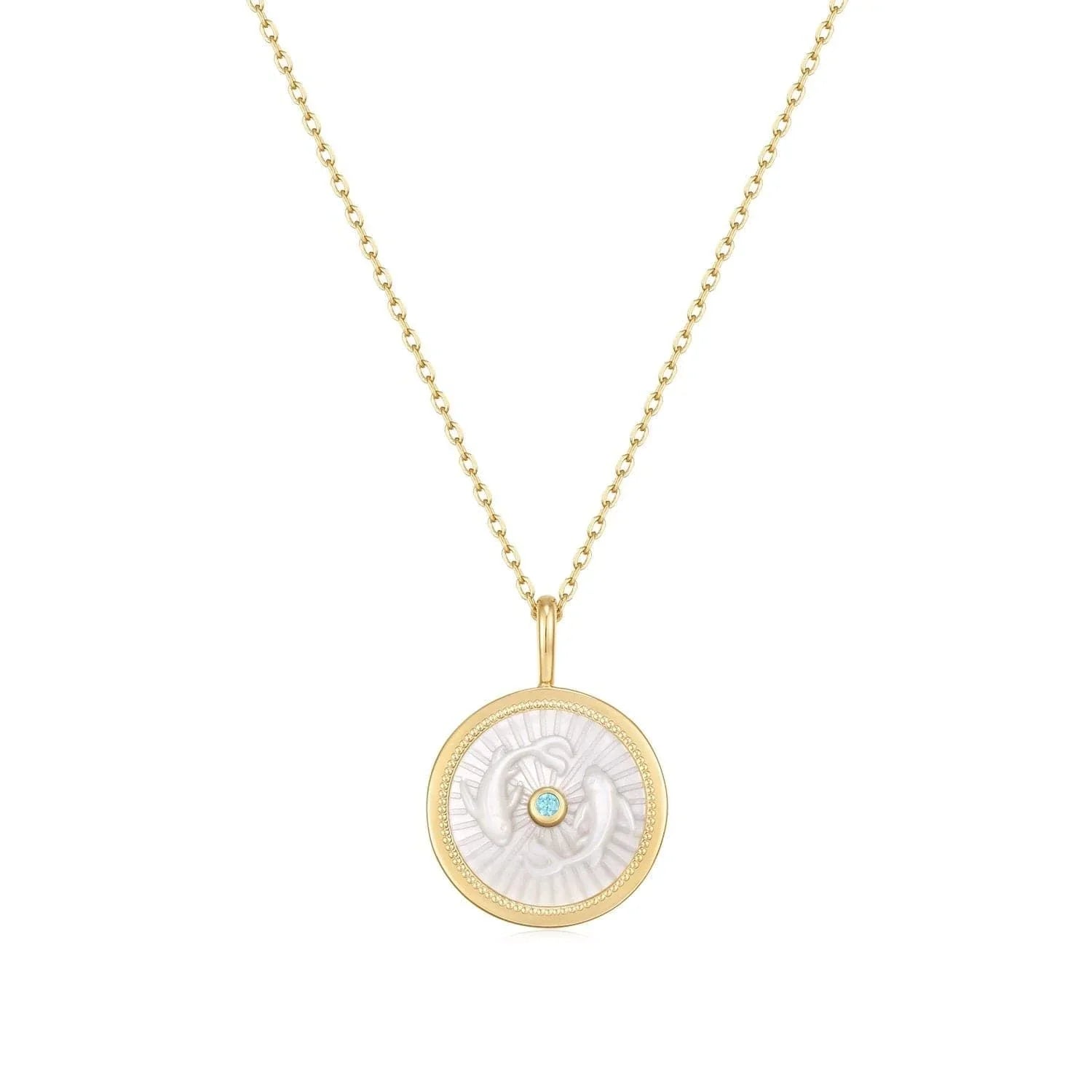 Gold Necklace with Pisces Zodiac Pendant and Mother of Pearl Detail