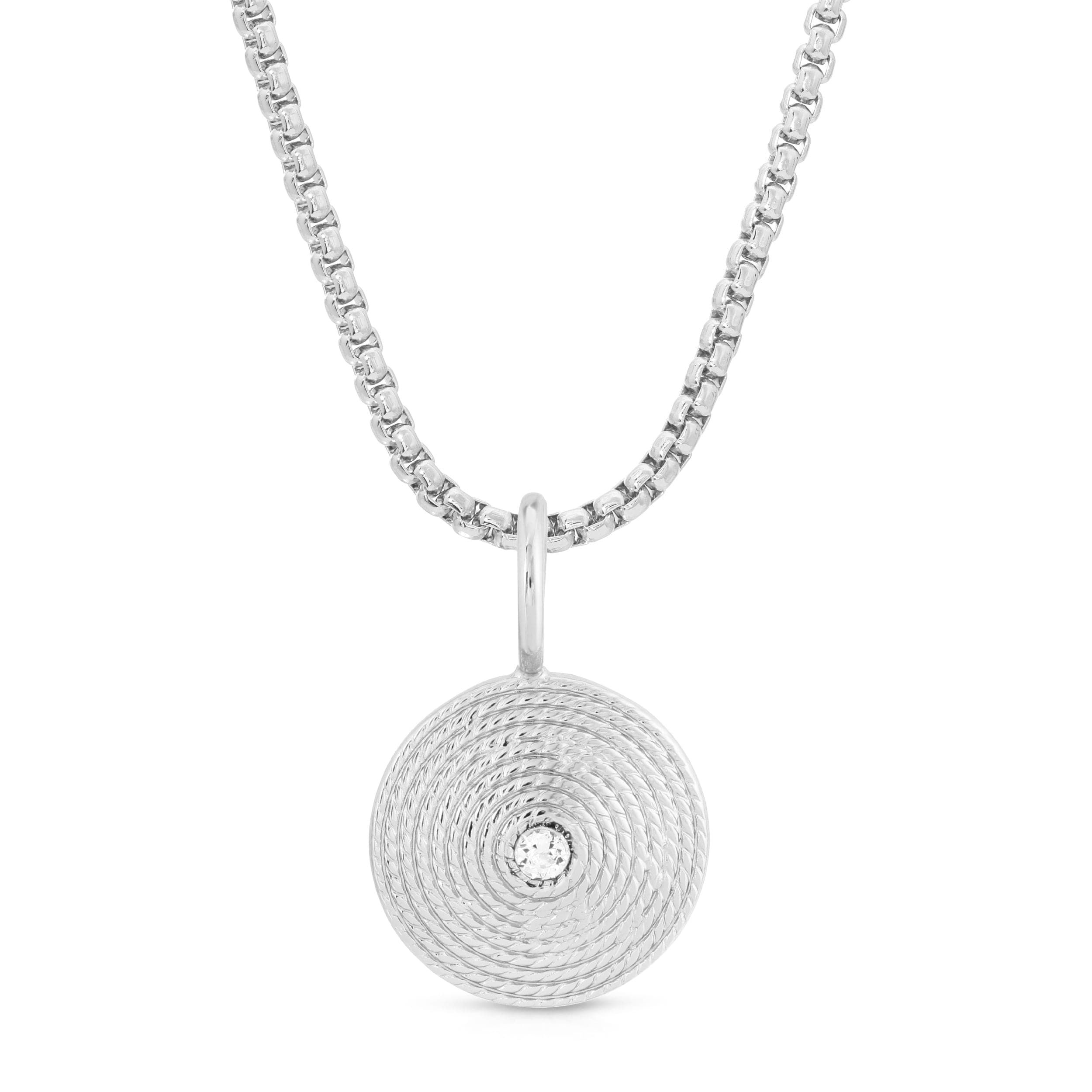 Zena Pendant Necklace with a silver textured circular pendant and sleek chain
