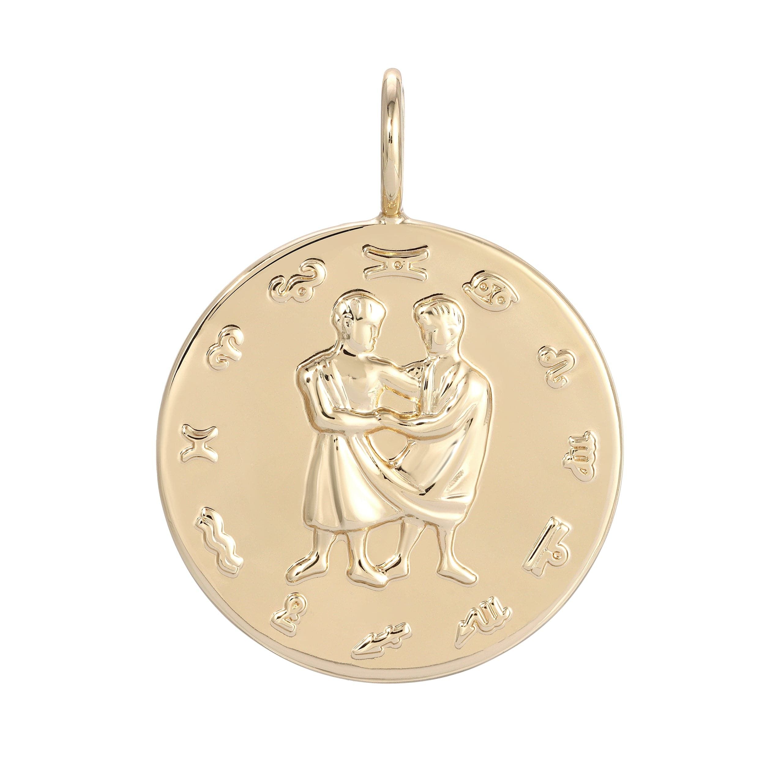 Shiny Gold Gemini Zodiac Pendant hanging on a chain for good luck and style