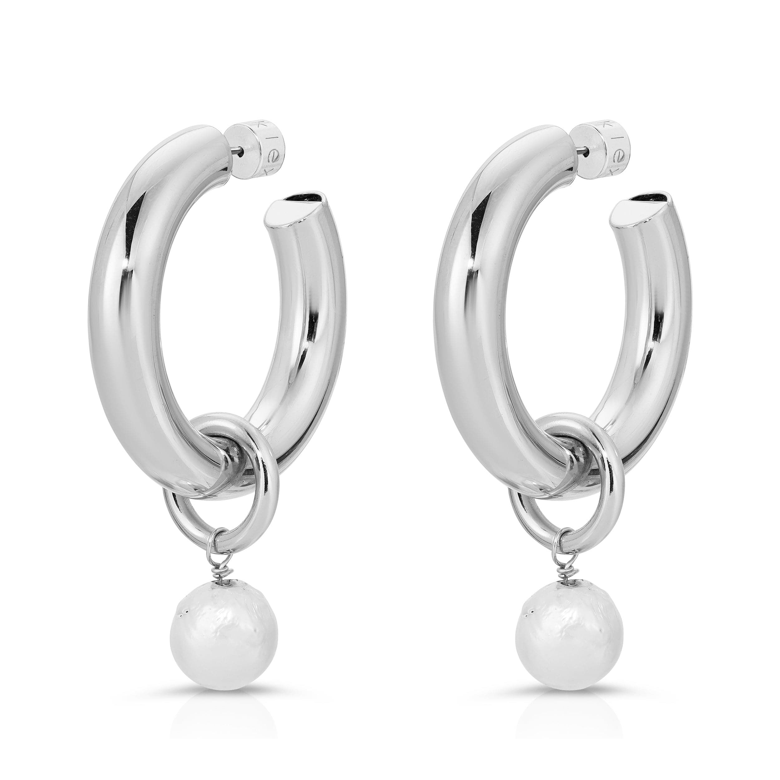 Shiny silver hoop earrings with white Baroque Pearl charms from Zolen Hoops collection