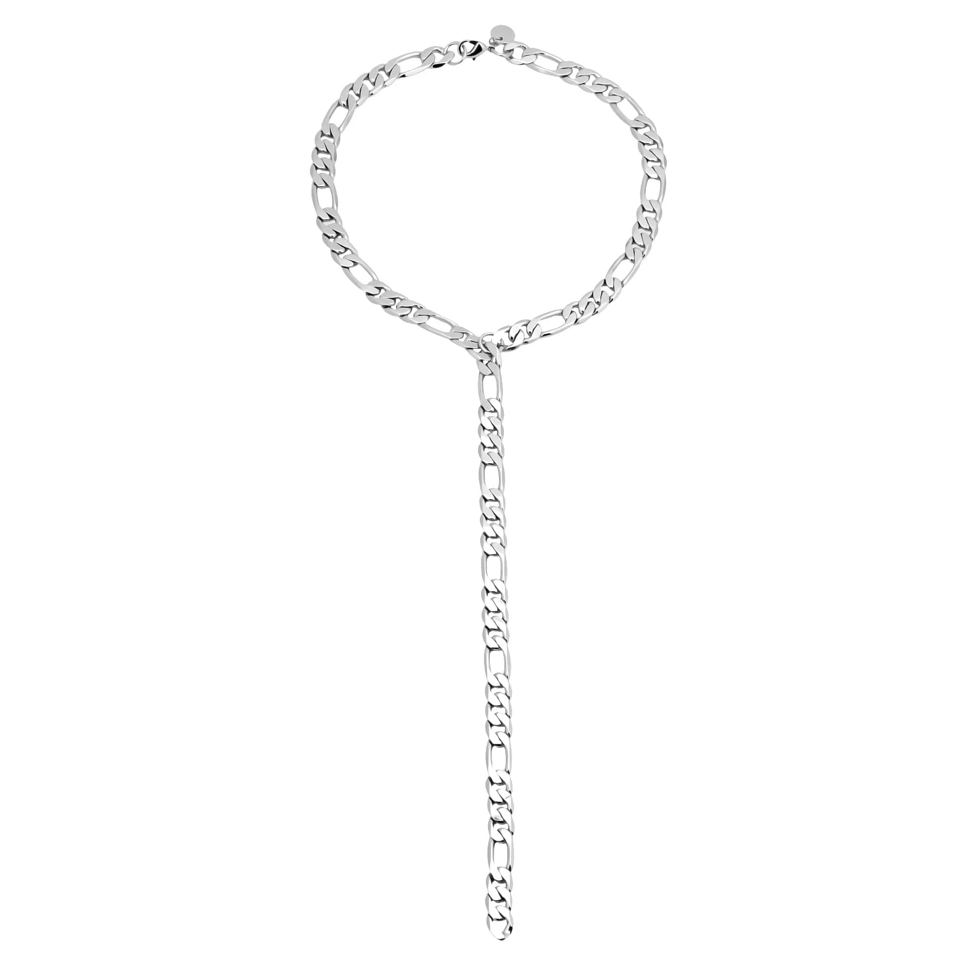 Silver Figaro chain necklace from the Axel Lariat collection featuring recycled brass and rhodium-silver Y design