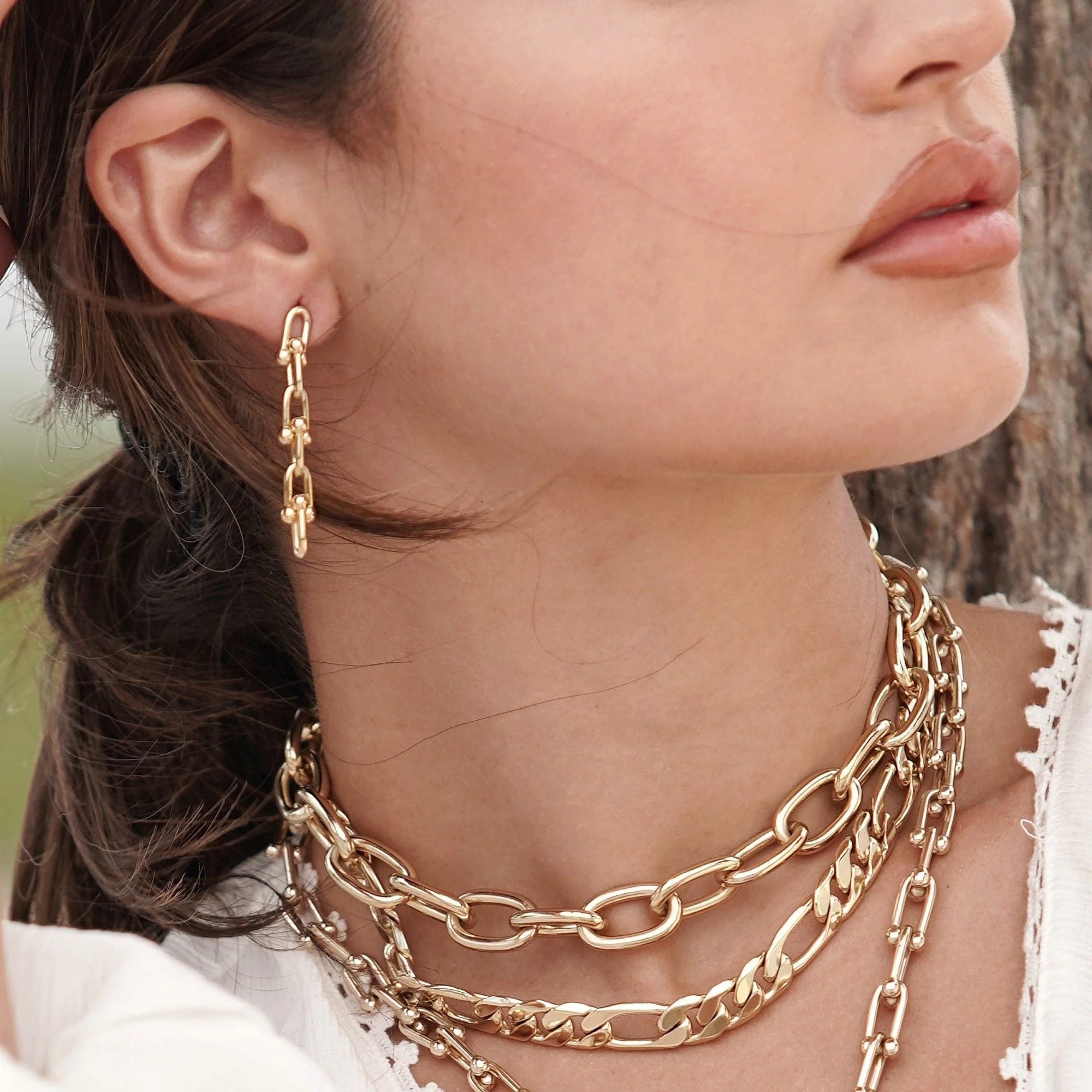 14k gold plated Axel Necklace with recycled brass figaro chain and jewelry set