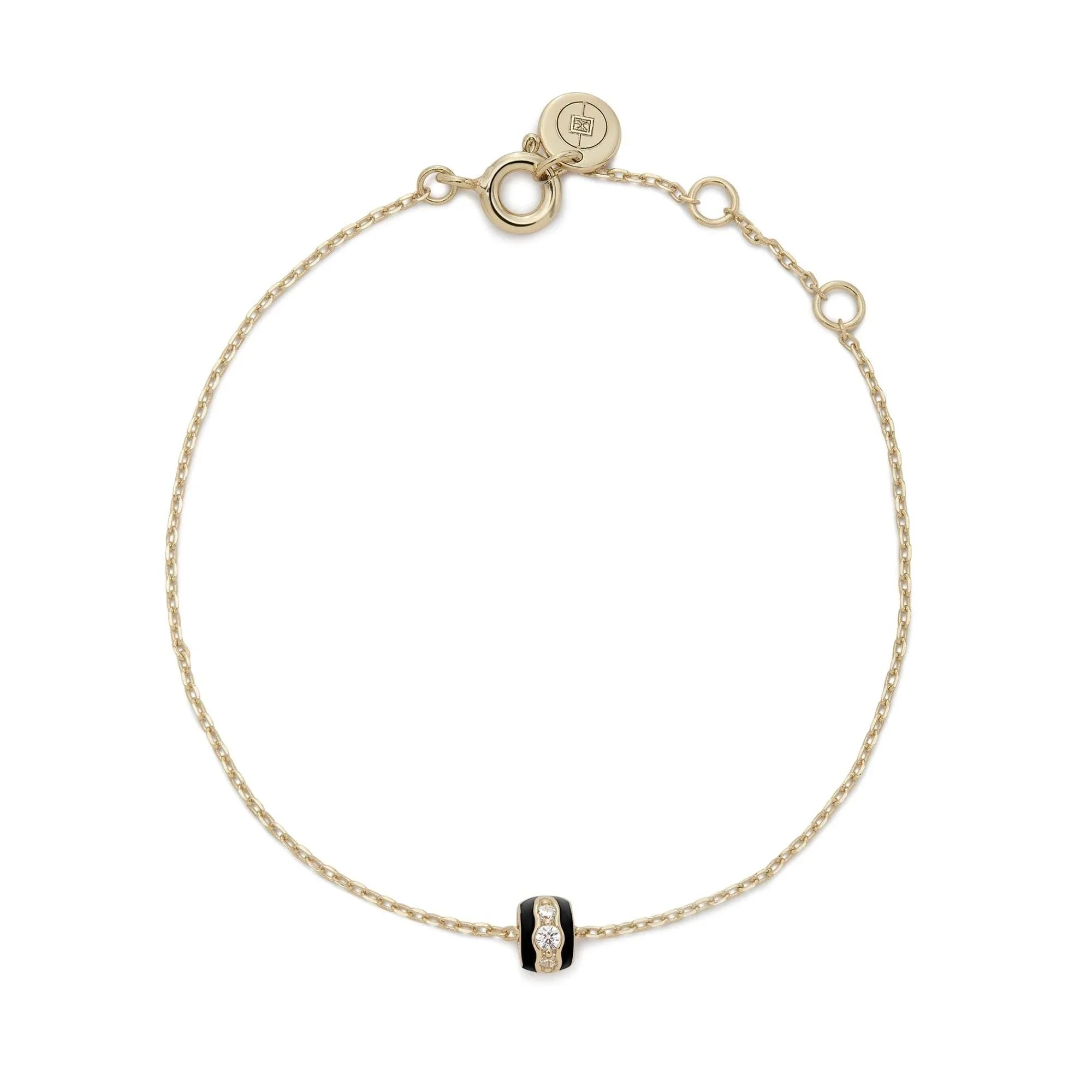 Black Enamel & CZ Channel Rondelle Bracelet - 14k Gold Plated Sterling Silver