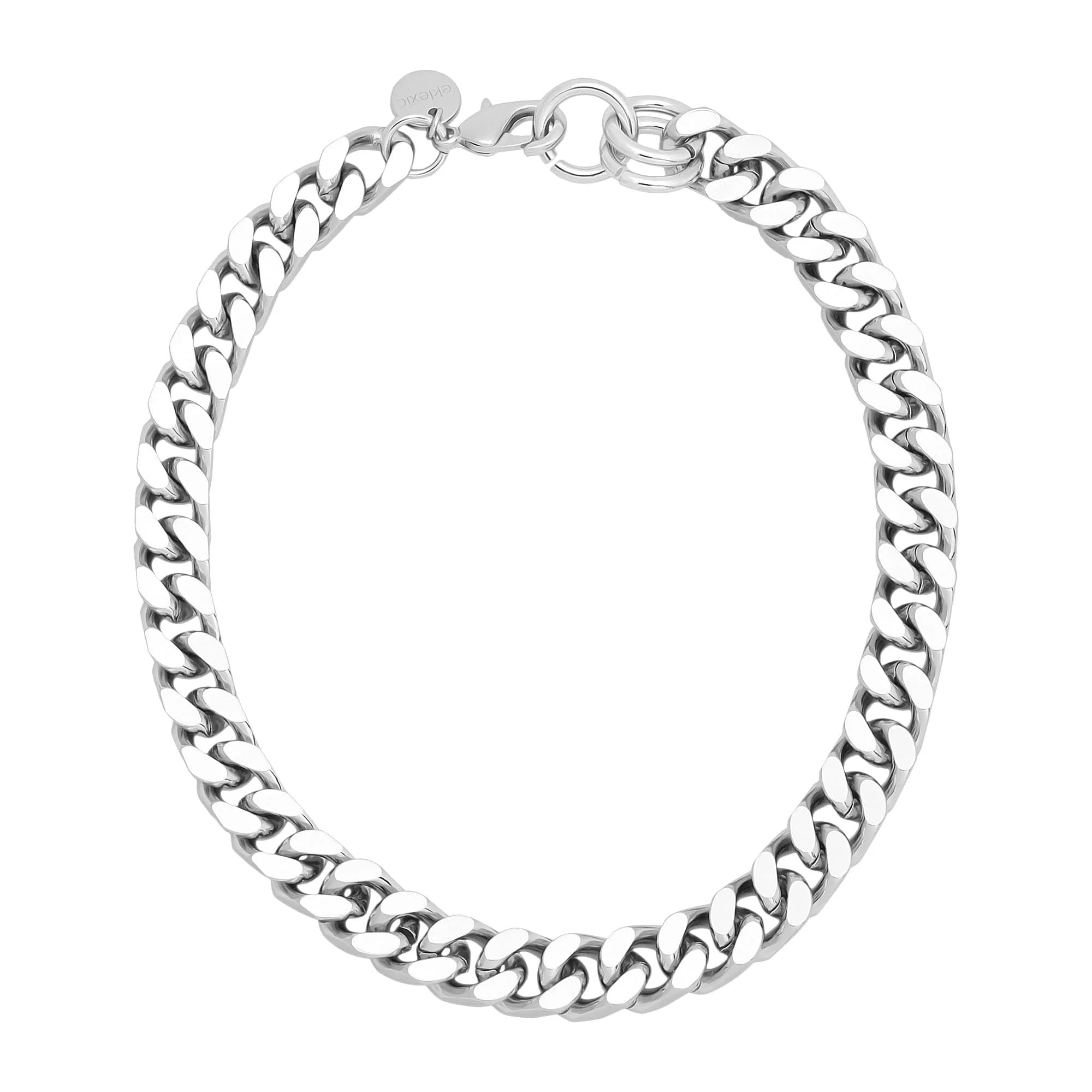 Silver curb chain bracelet featuring recycled brass Cuban link chain design