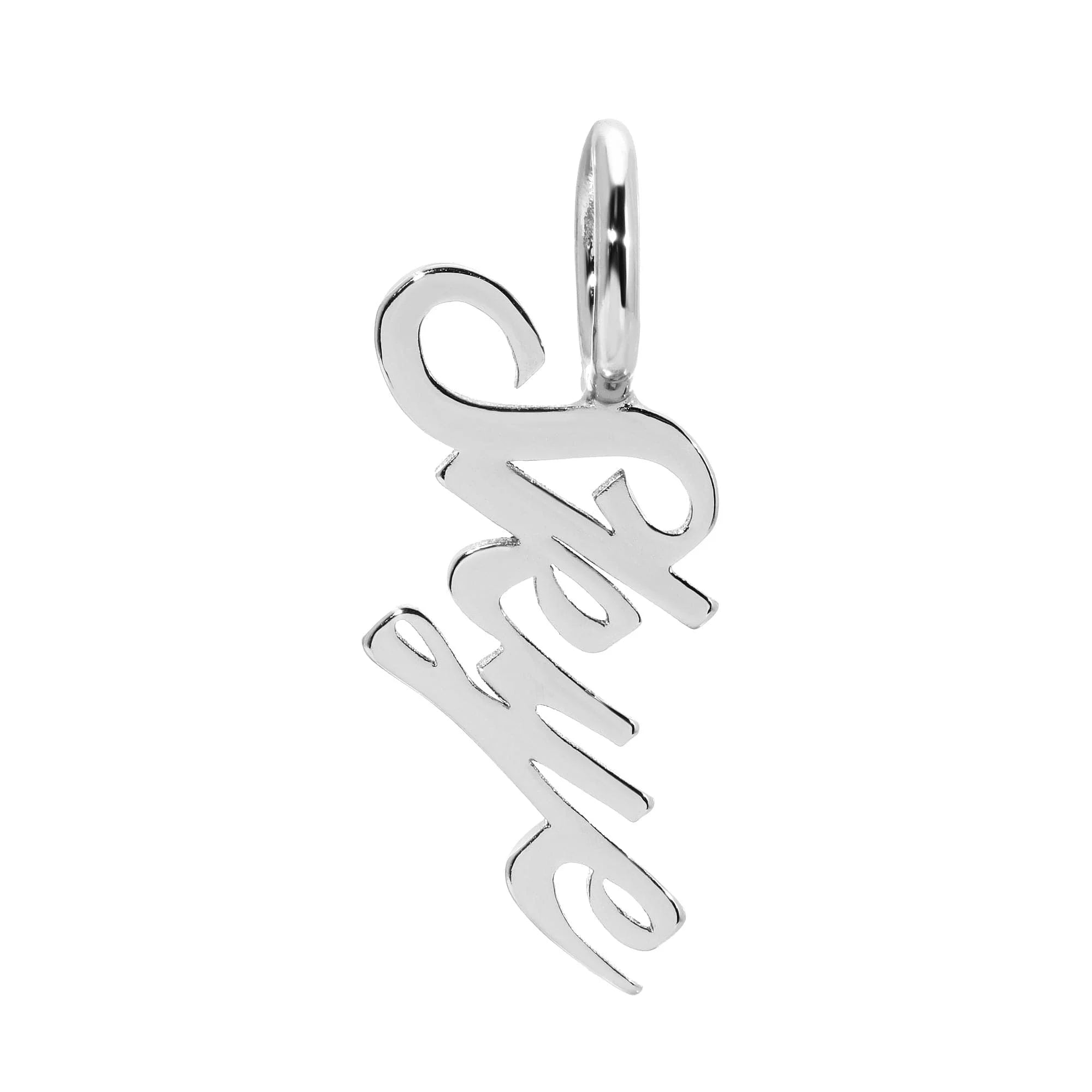 Silver Love pendant displayed on the Custom Script Name Pendant product