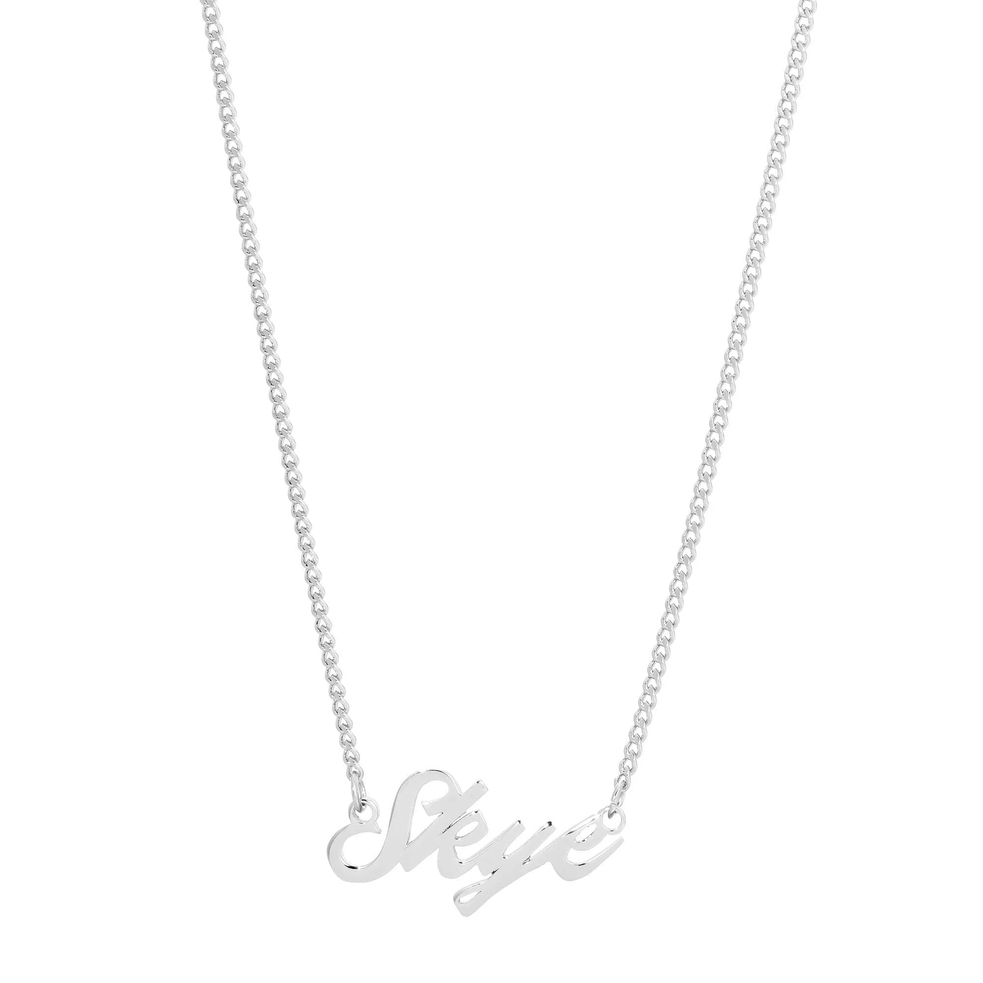 Silver Skye name necklace on display in a Custom Script Nameplate product shot