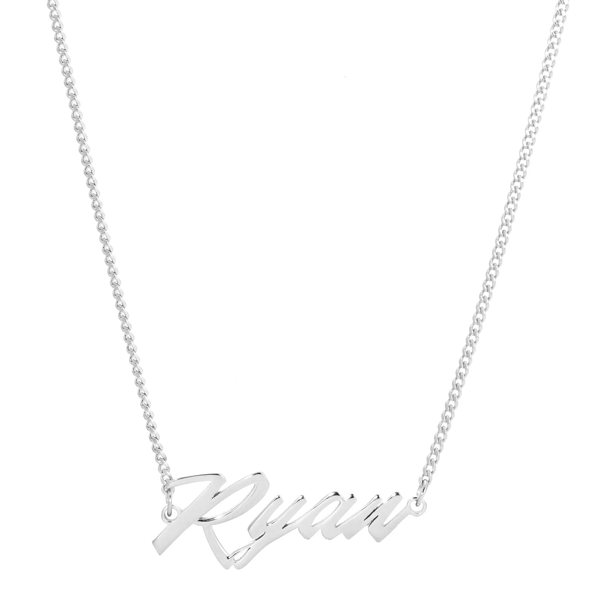Shiny Silver Ryan name necklace from Custom Script Nameplate collection