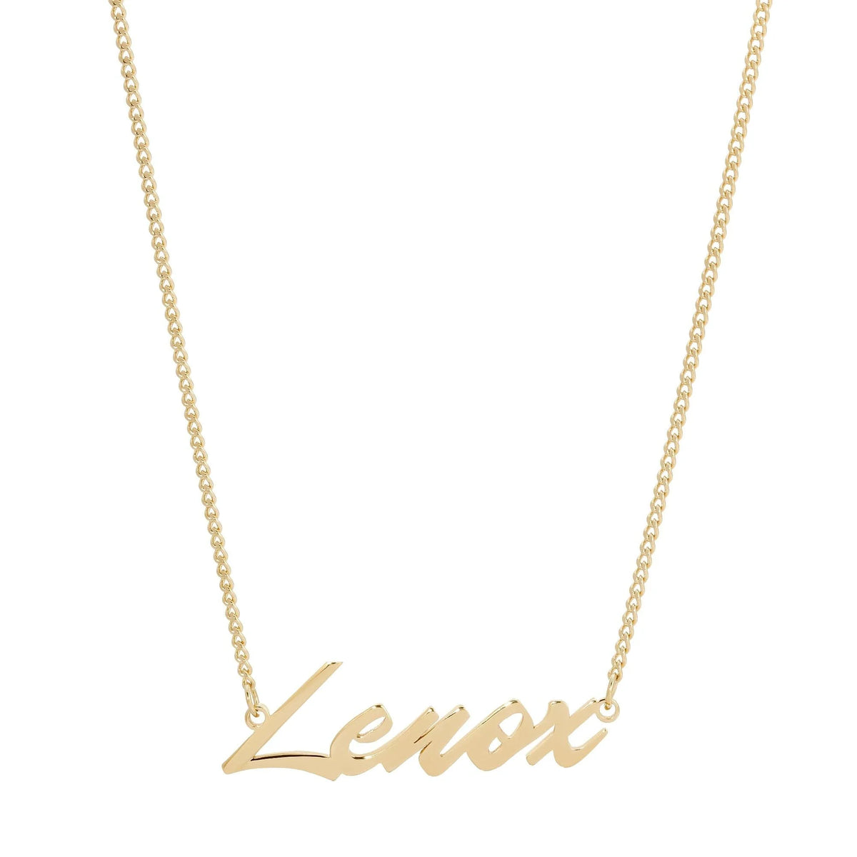 Gold Lenox nameplate necklace from the Custom Script Nameplate collection