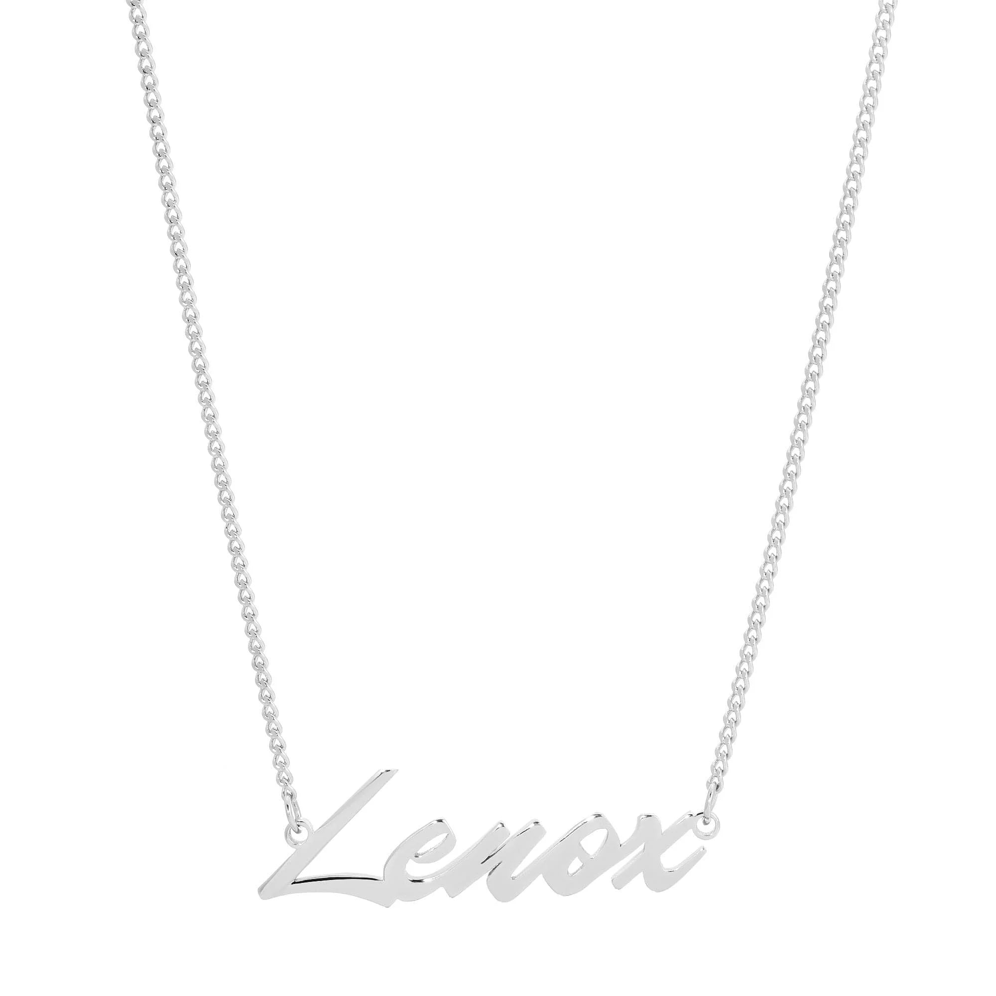 Silver Lenox name necklace on a Custom Script Nameplate for personalized style