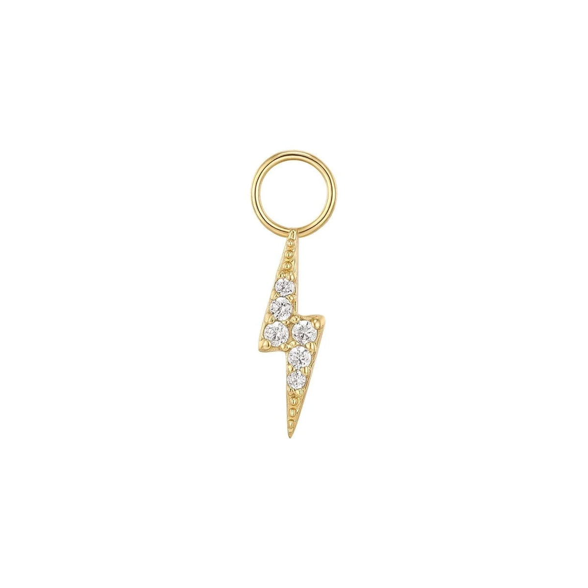 Gold lightning bolt charm with embedded crystals on CZ Bolt Hoop Charm jewelry
