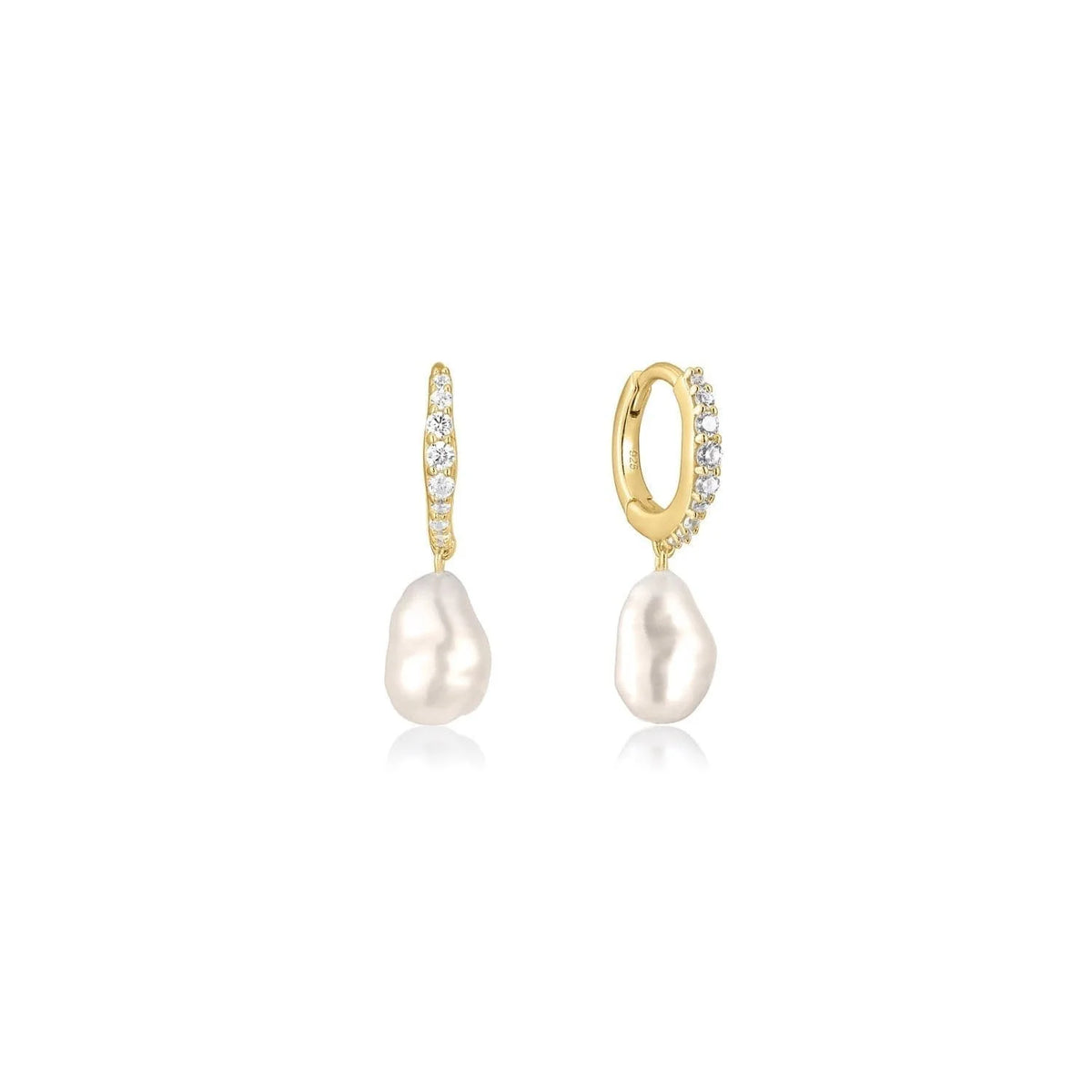 Gold hoop earrings with pearl drops from CZ Huggie Hoops With Pearl Drop collection