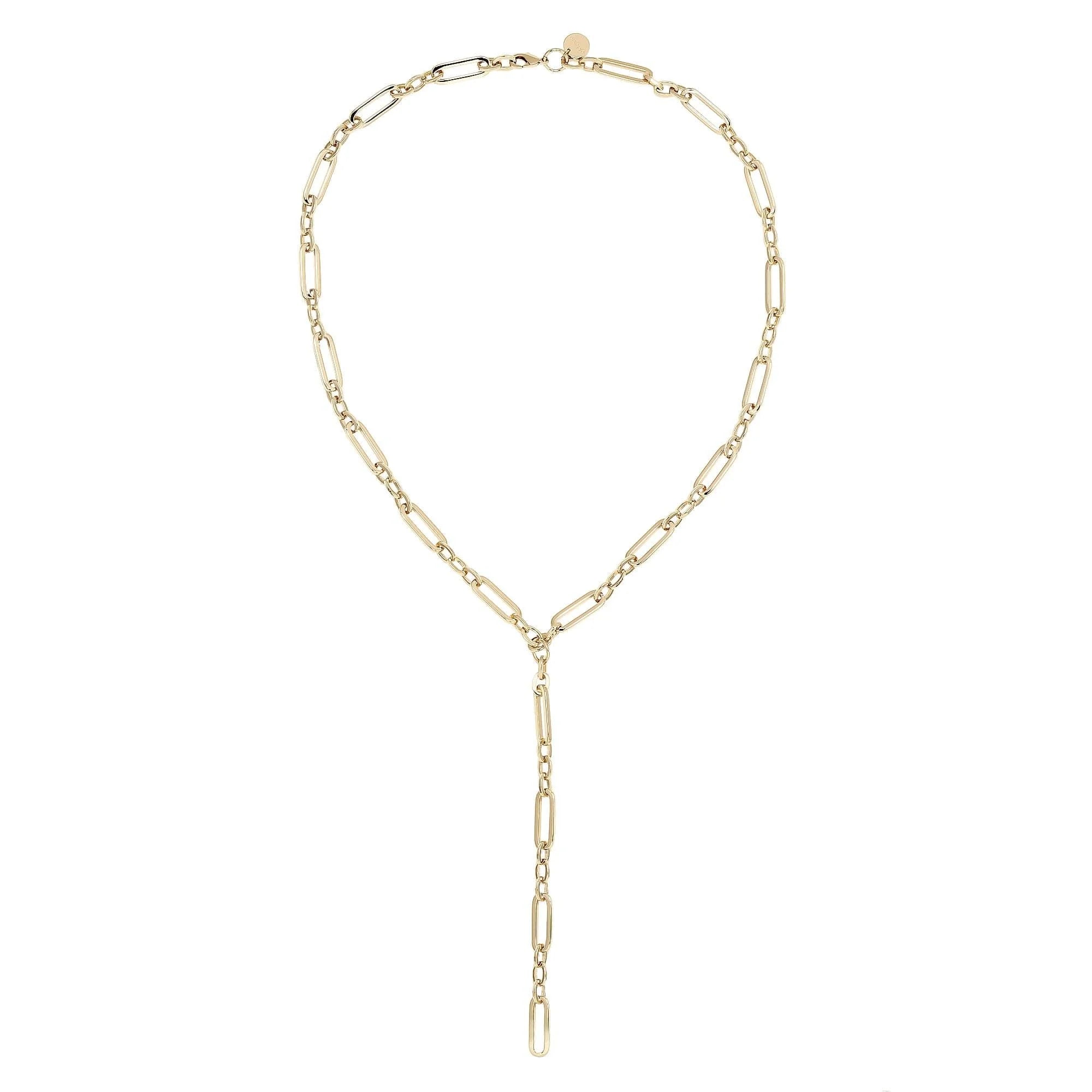 Gold-toned chain link Y-necklace with recycled brass plating in the Dean Lariat collection